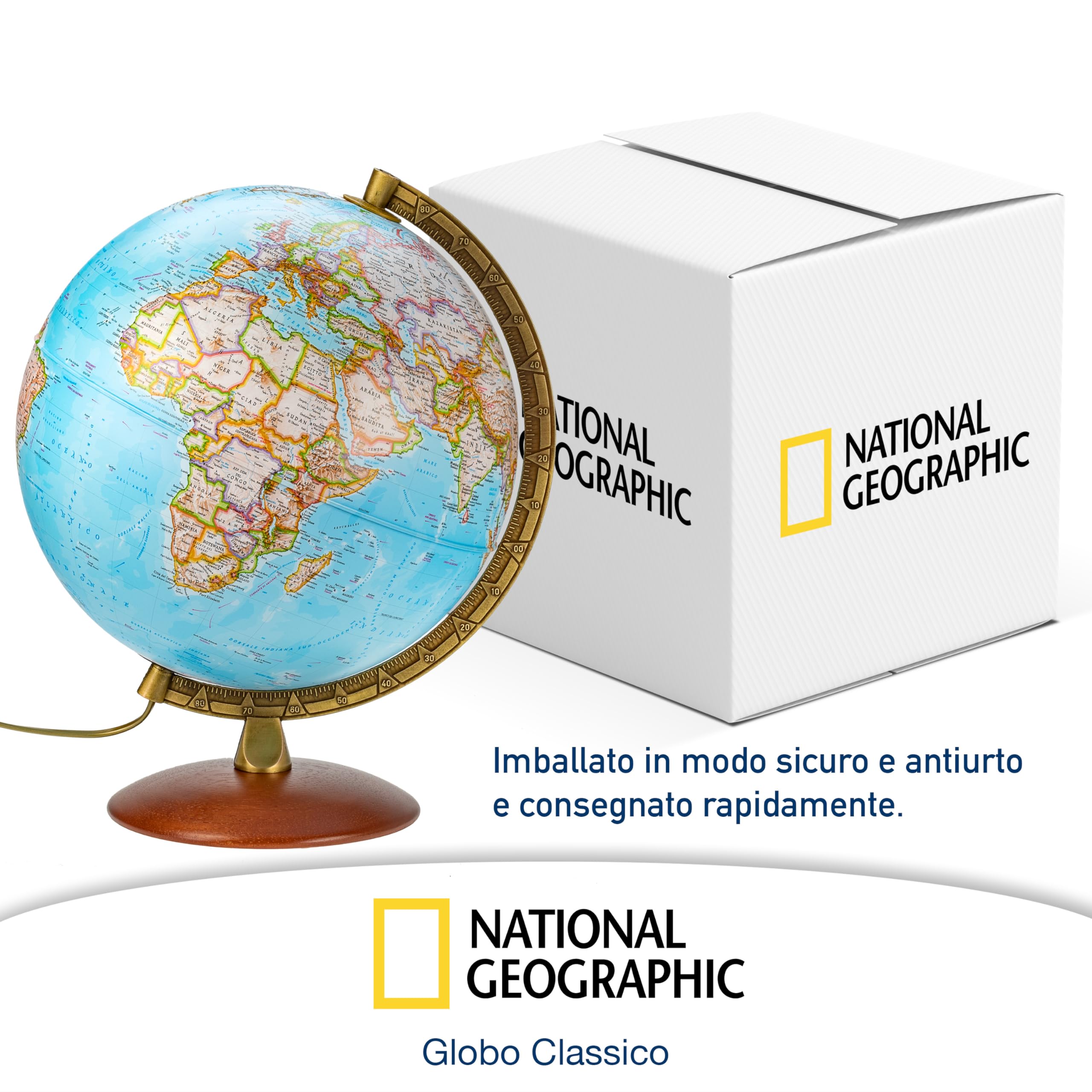 National Geographic - Mappamondo illuminato in stile Classico -30 cm con base stabile e meridiano in metallo, immagine della mappa 2022 fisica/politica con luce LED, immagine della mappa italiana