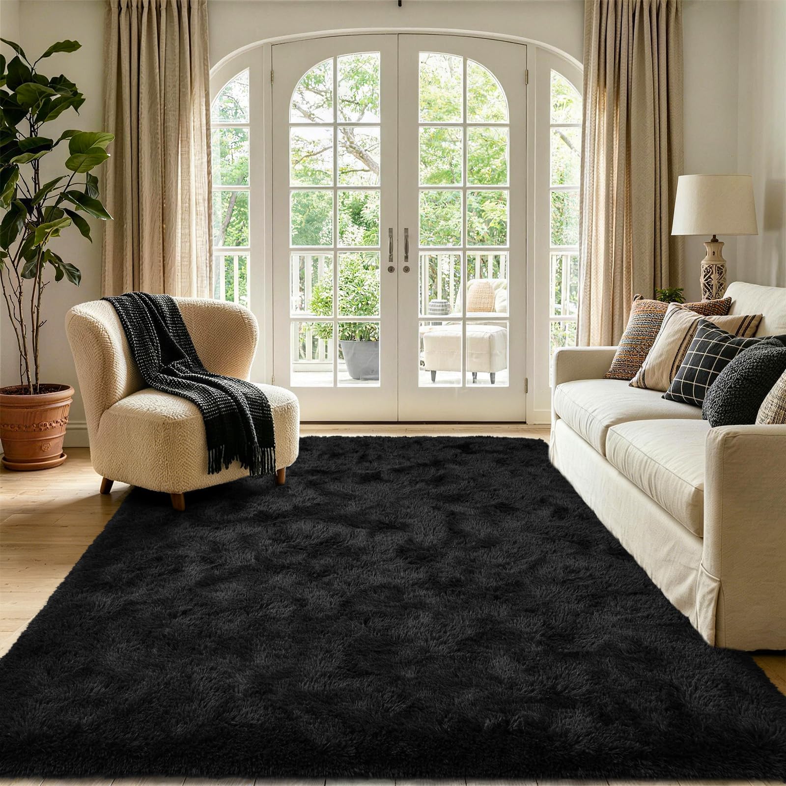 Noahas Puszysty Dywan do Sypialni, 160x228 cm, Dywan z Długim Włosiem do Sypialni, Miękki Dywan dla Pokoju Dziecięcego, Pluszowy Dywan dla Pokoju Niemowlęcego, Gruby Czarny Dywan do Salonu, Słodki