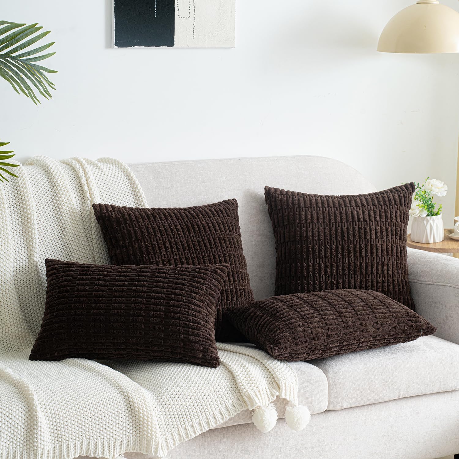 Pack of 2 Corduroy Decorative Throw Pillow Covers 20x20 Inch Soft Boho Striped Pillow Covers Modern Farmhouse Home Decor for Sofa Living Room Couch Bed Dark Brown - Image 3