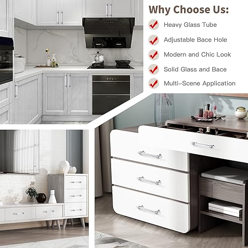 Miniatura 3 de NAUBEA Tiradores de cajones de cristal, tiradores de gabinete ajustables de cromo pulido de 5 pulgadas, paquete de 6 tiradores de tocador de cristal