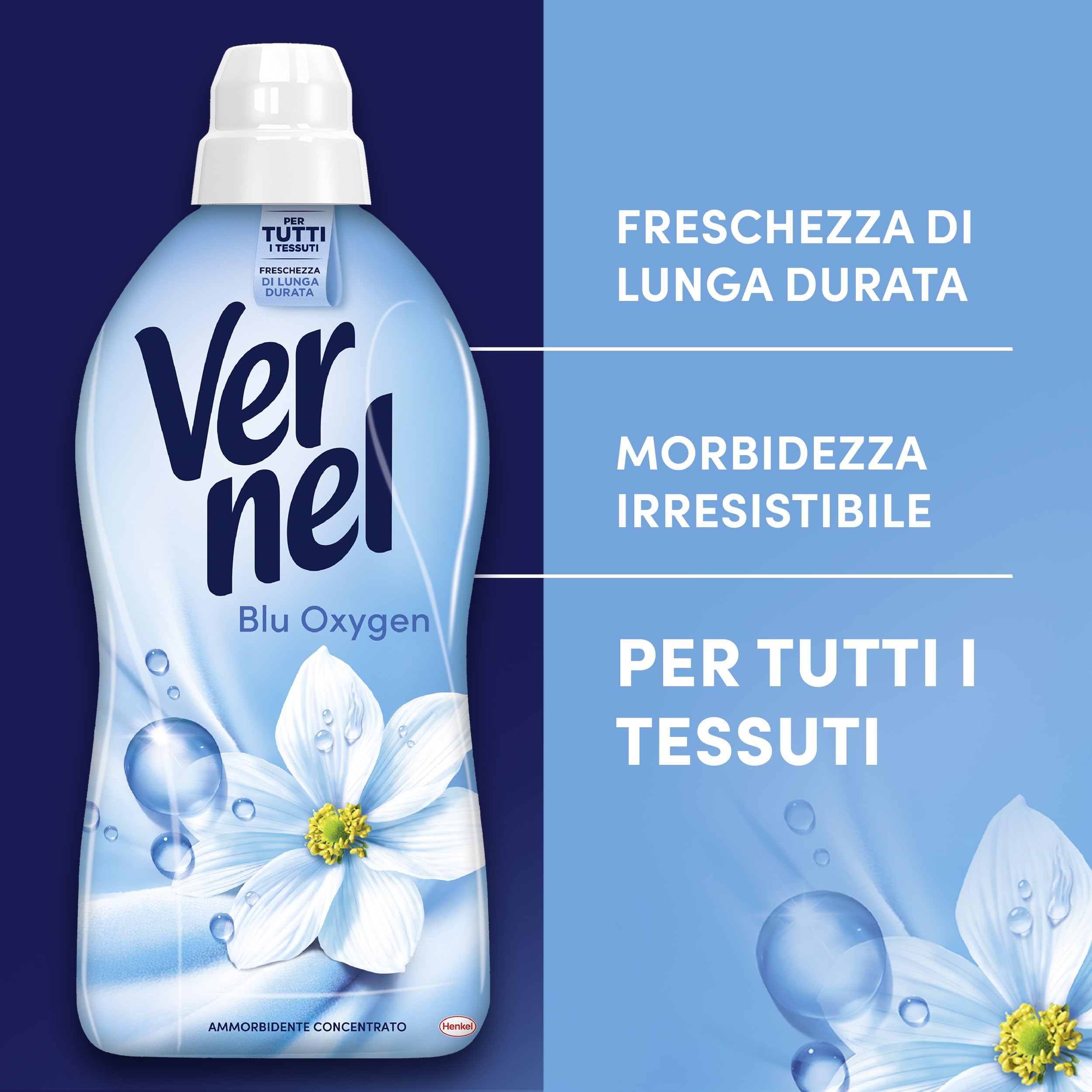 Ammorbidente Concentrato Vernel Blu Oxygen (10 x 48 lavaggi), Ammorbidente Concentrato per Tutti i Tessuti, Morbidezza Irresistibile e Freschezza di Lunga Durata