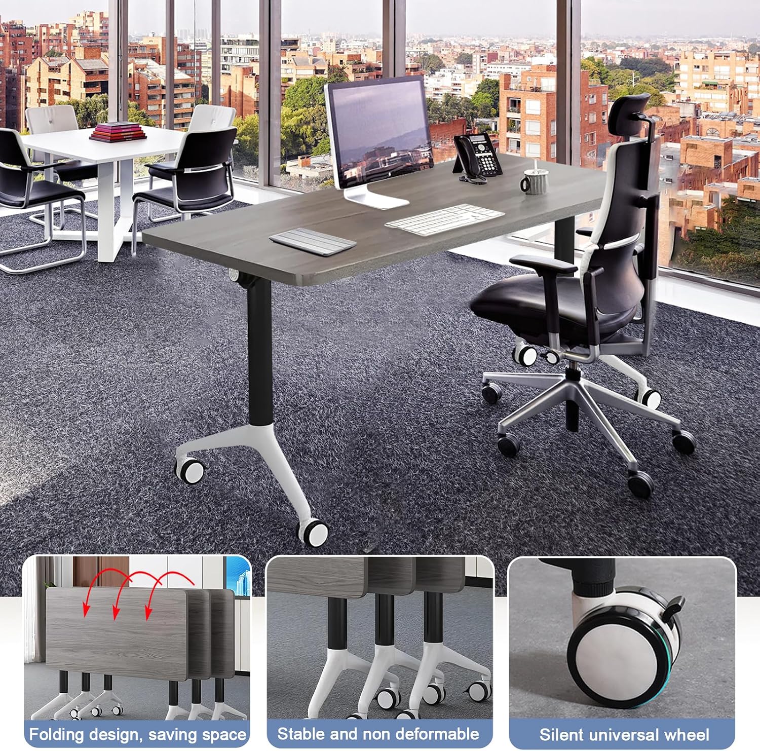 Conference Room Tables White,Folding Rectangular Flip Top Conference Table with Wheels for Large Meeting Seminar Home Office Classr (8, Grey, 47.2in)