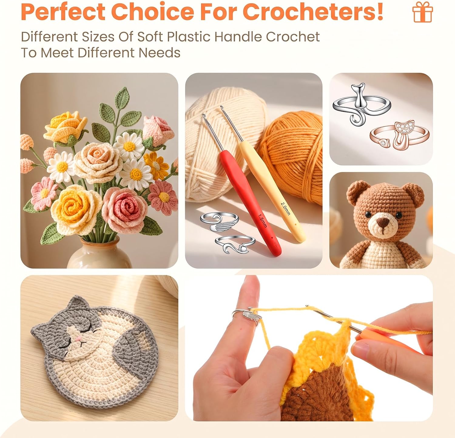 Yuanchu 8 PCS Ergonomic Crochet Hooks Crochet Rings Set for All Yarn Types