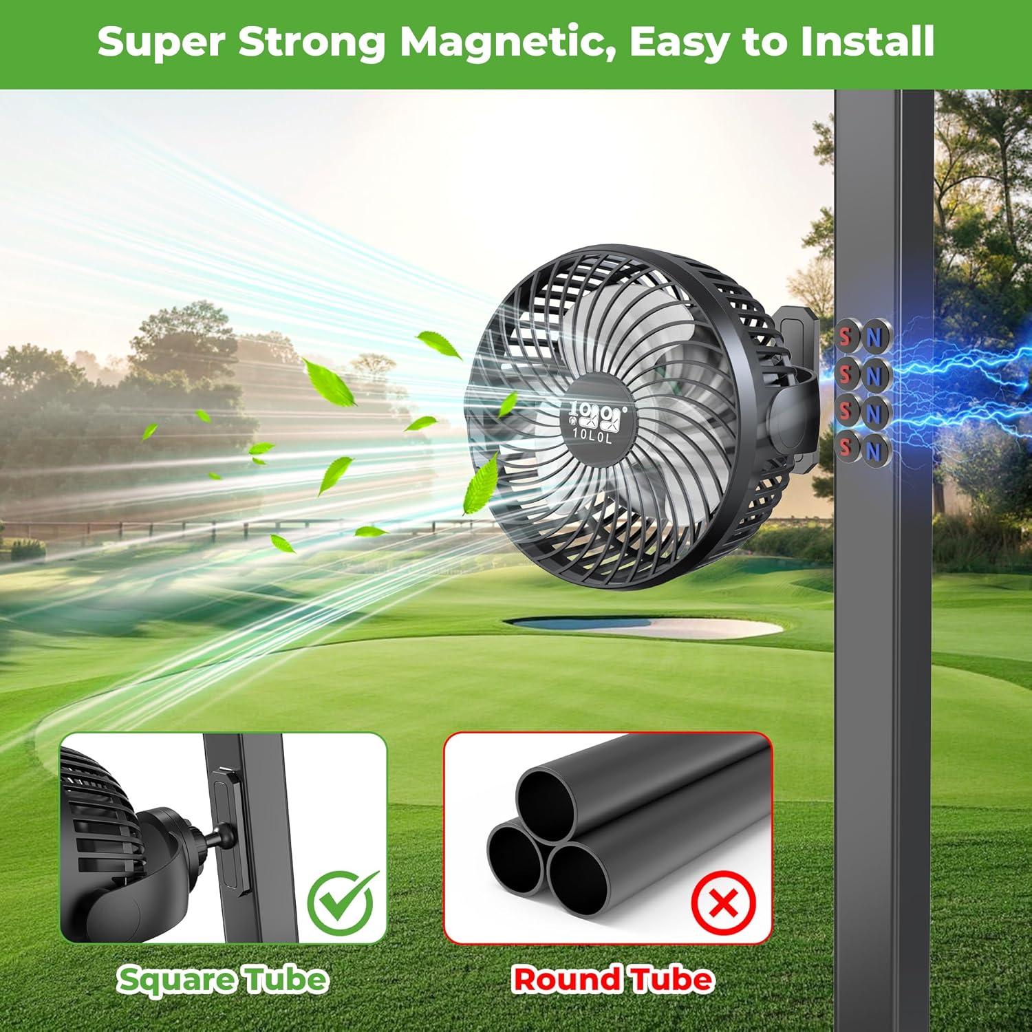 10L0L 2 Pack Magnetic Golf Cart Fans Rechargeable Big Battery Powered Portable Fan,3 Speeds/2 LED Light/56 Hrs Runtime/360°Rotatable with Magnetic Base,USB & Type C Ports,Summer Golf Cart Accessories - Image 6