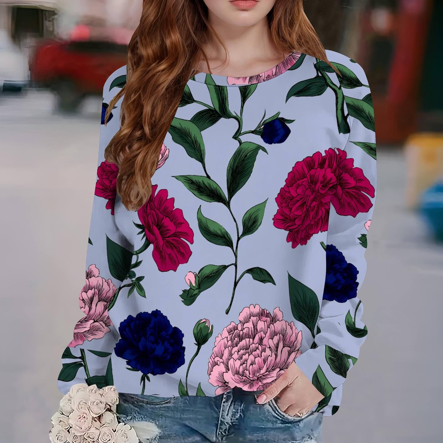Retro Flower Print Sweatshirts for Women Crewneck Long Sleeve Elegant Tunic Tops Loose Pullover Sweatshirts Outfits - Image 2