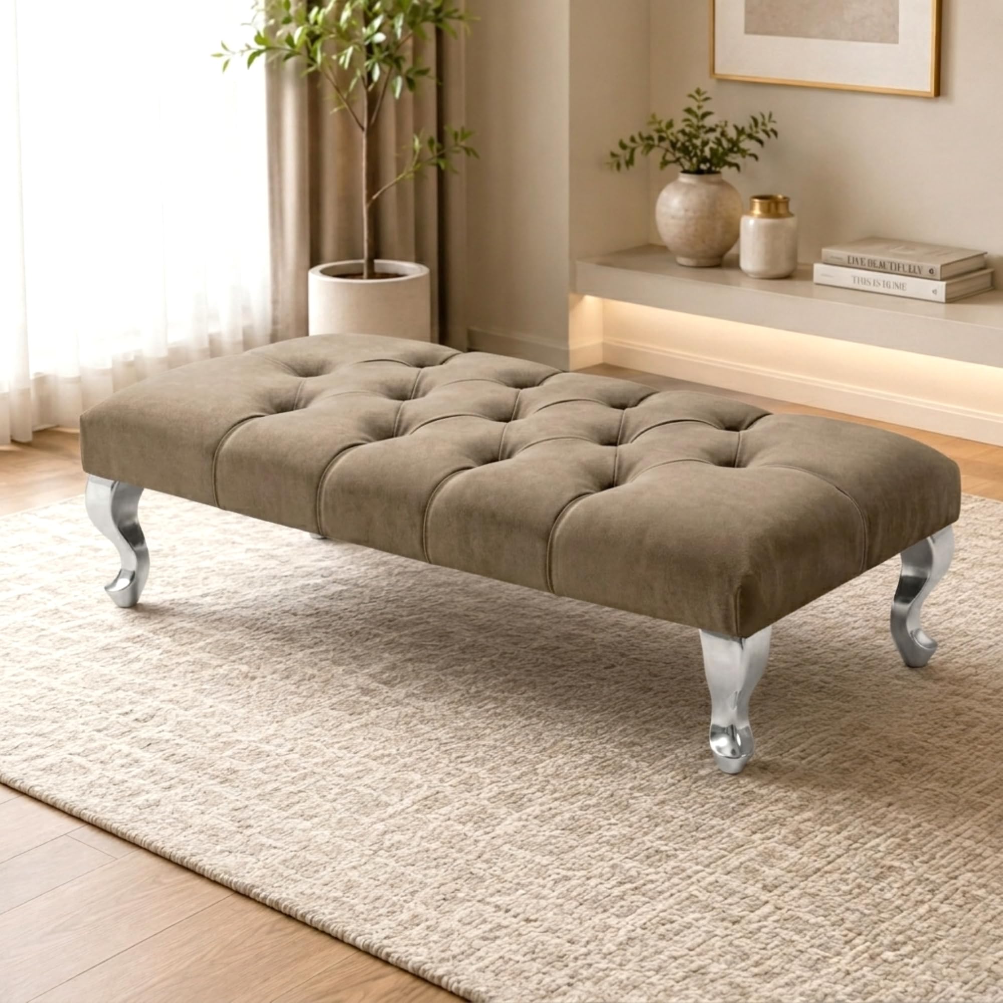 Luxury Chesterfield Velvet Footstool Bench with Silver Legs, Mink — image 1