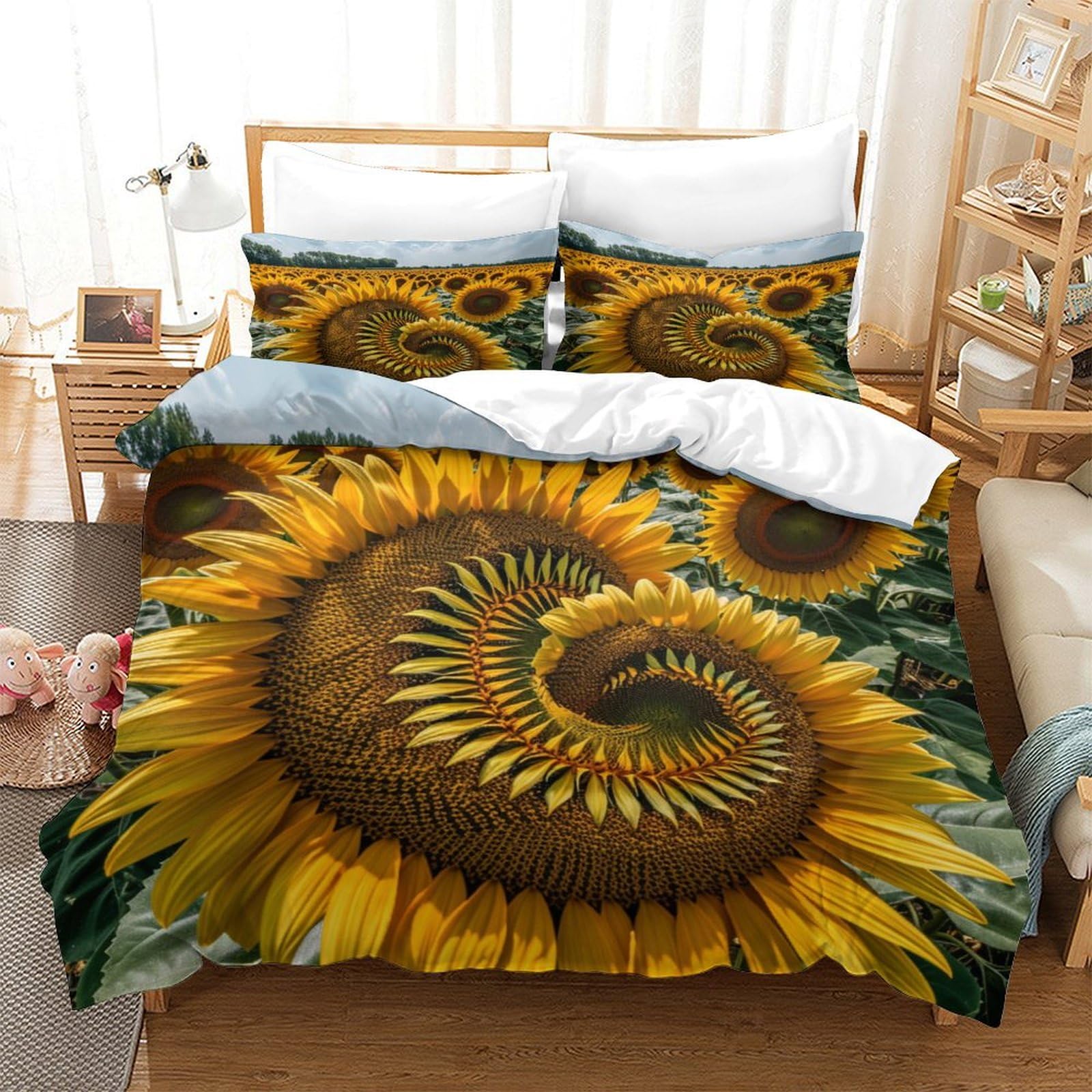 P1S9U7W5Y Vivid Sunflower Floral 3D Printed Duvet Cover Set 3pcs Microfiber Sunflower Bedding Collection Double（200x200cm）