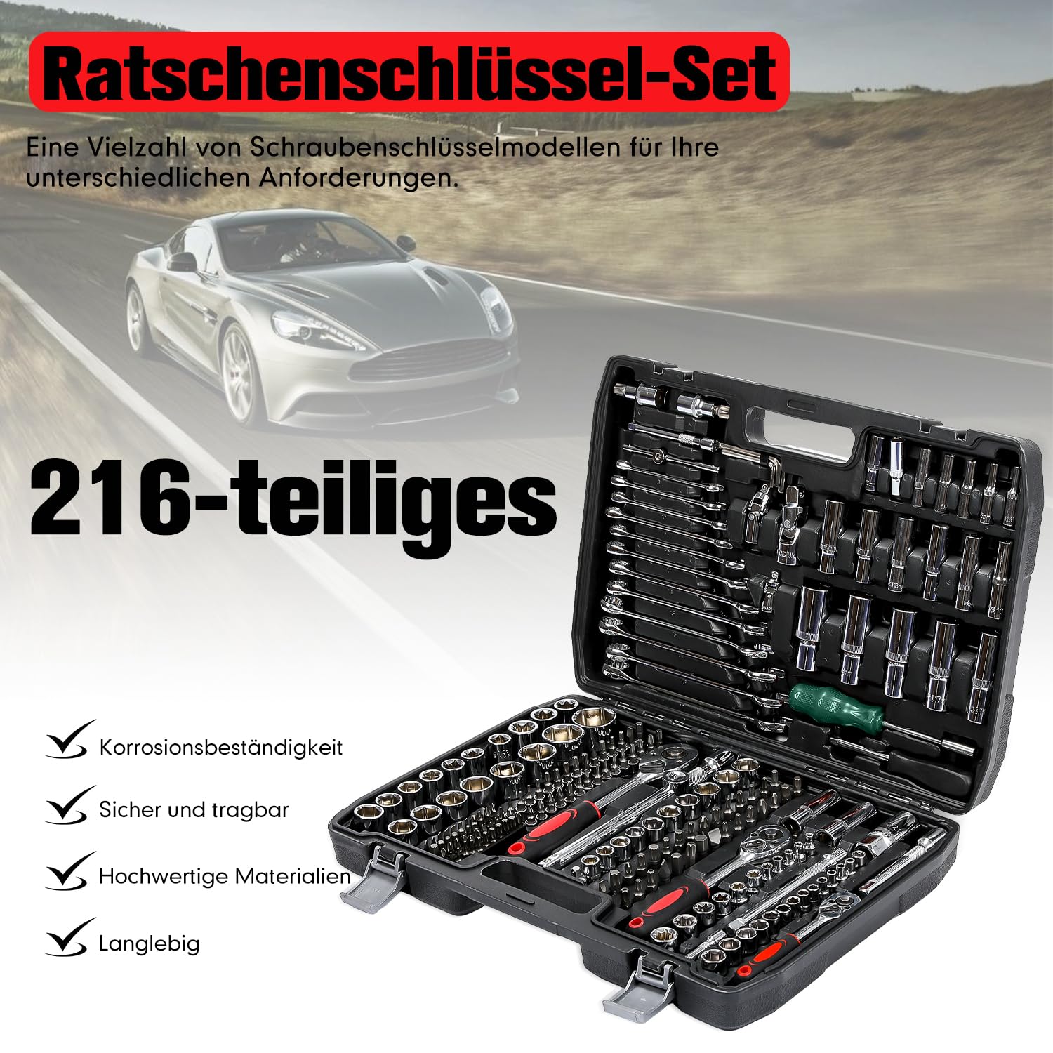 Set di chiavi a bussola, 216 pezzi, con cricchetto da 1/2", 1/4", 3/8", con chiave a cricchetto, cassetta degli attrezzi per lavorare su biciclette e automobili