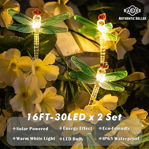 Miniatura 2 de Barzee Paquete de 2 tiras de luces solares de libélula para exteriores, total de 60 luces LED de 32 pies, 8 modos, guirnalda de luces de libélula,