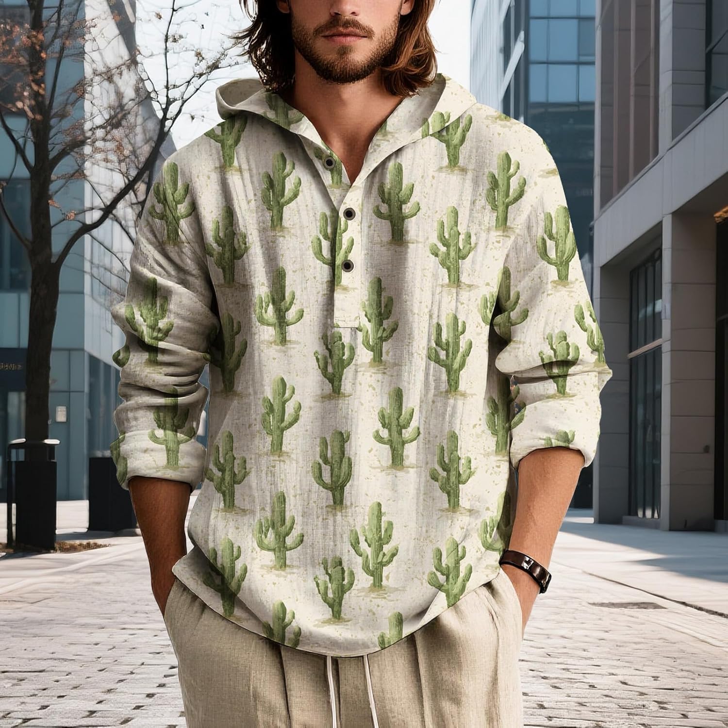 Mens Hooded Floral Button Down Shirt Long Sleeve Lightweight Relaxed Fit Nature Inspired Top for Spring - Image 2
