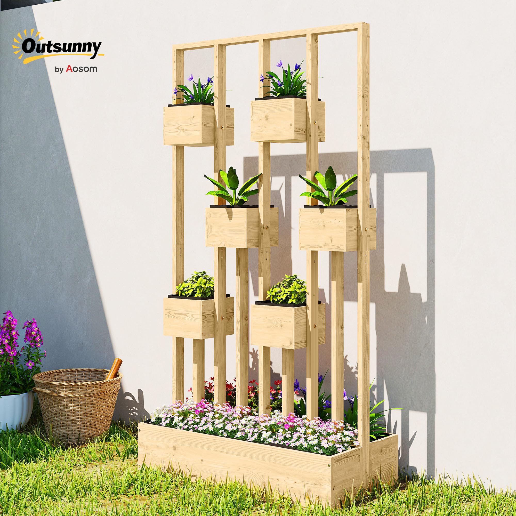 Outsunny Hochbeet mit Rankgitter Körbe Holz 90 x 45 x 170 cm Naturholz | Pflanzkübel, Pflanzkasten, Blumenkasten, für Garten Balkon Terrasse, Blumenkübel für Kletterpflanzen Korbpflanzen, Blumen
