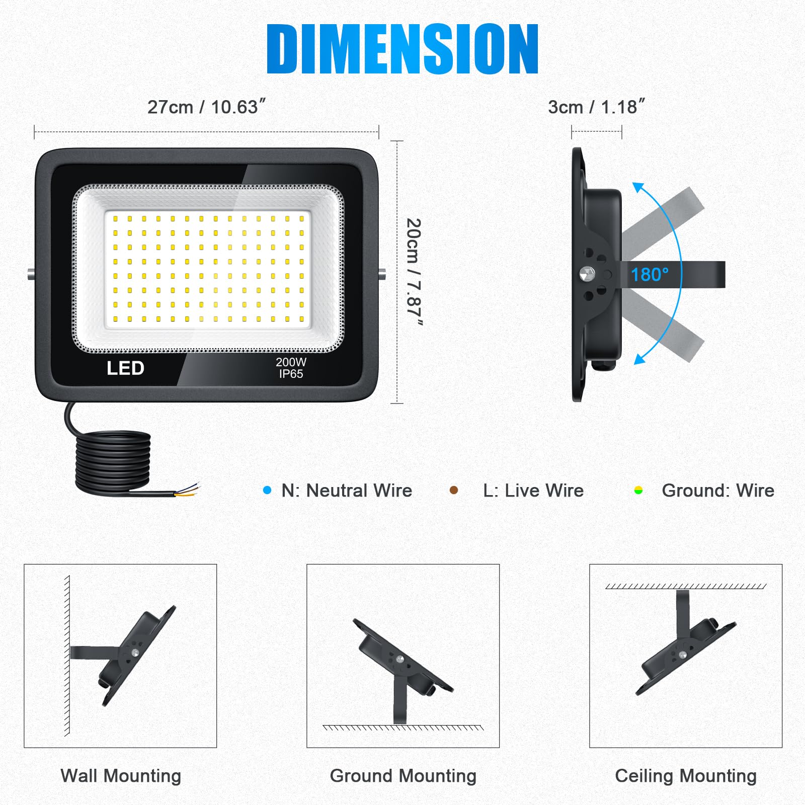 2 Piezas Focos LED Exterior 200W, Foco Proyector Led Blanco Fría 6500K, 20000LM Foco LED, IP65 Impermeable Proyector LED exterior para Patio, Terraza, Jardín, Garaje, Naves