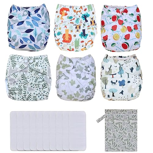 Pañales de tela lavables reutilizables talla única ajustable para bebé, paquete de 6 con 10 inserciones, 1 bolsa húmeda