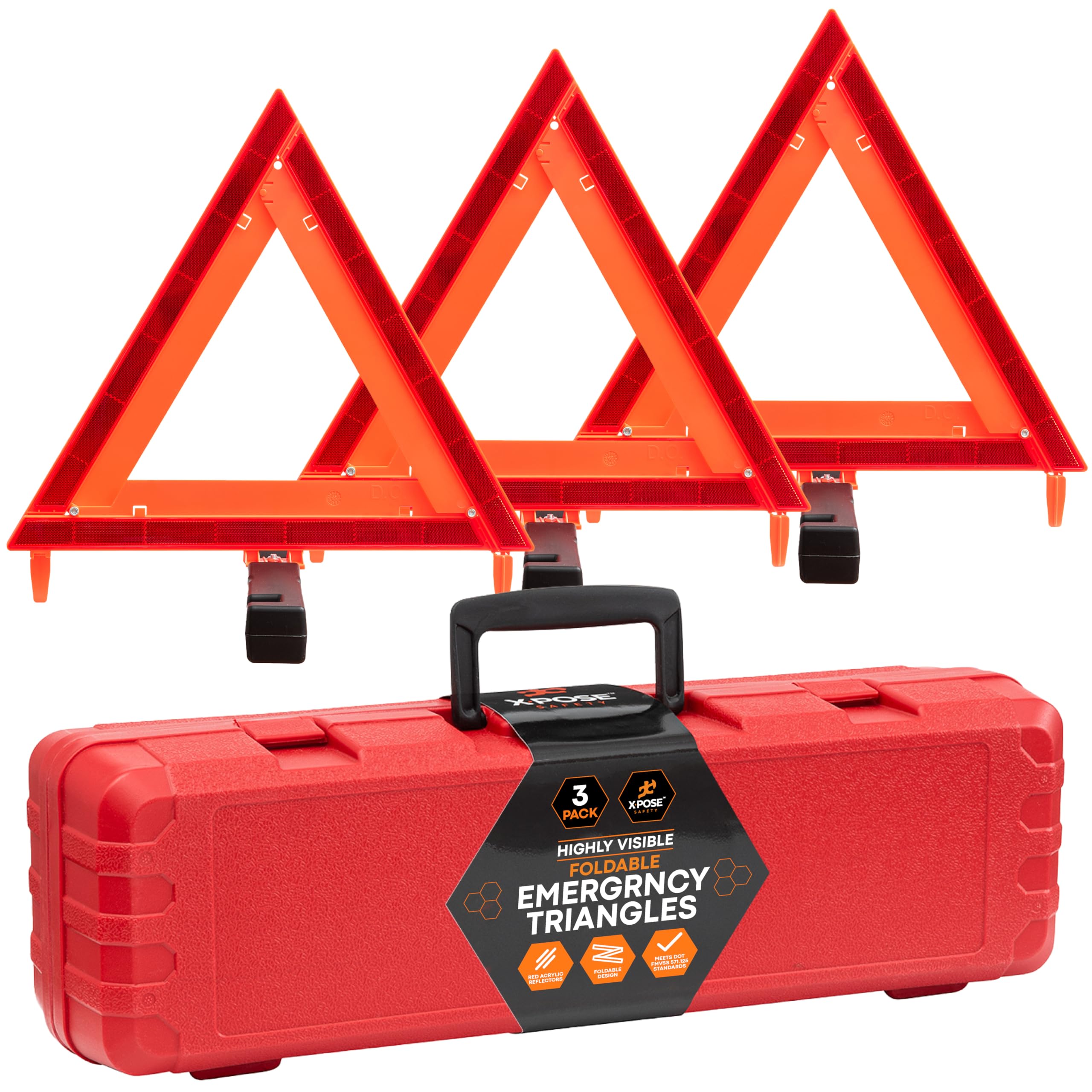 Xpose Safety Reflective Emergency Triangles – 1 Kit (3 Triangles) – DOT Approved Roadside Car Safety Warning Reflectors – Red & Orange Automotive Vehicle Hazard Visibility Markers