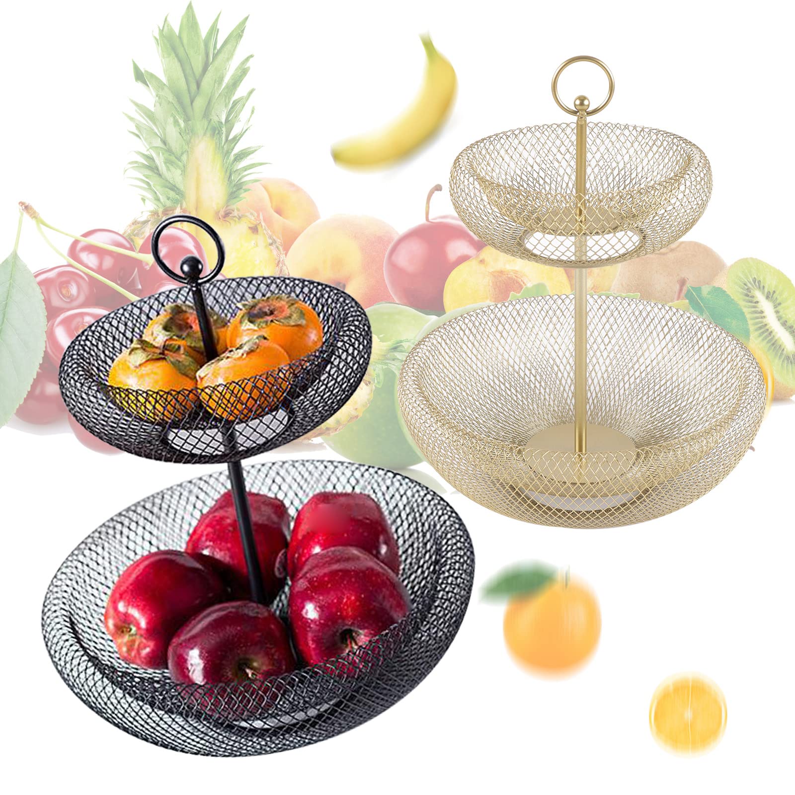 SailorMoon Cesto per frutta a 2 ripiani, portata 10 kg, in ferro, pratico cestino per frutta, per feste, matrimoni e uso in cucina, nero