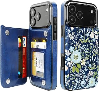 uCOLOR for iPhone 17/18 Pro Max Wallet Case with Card Holder, Blue Daisy