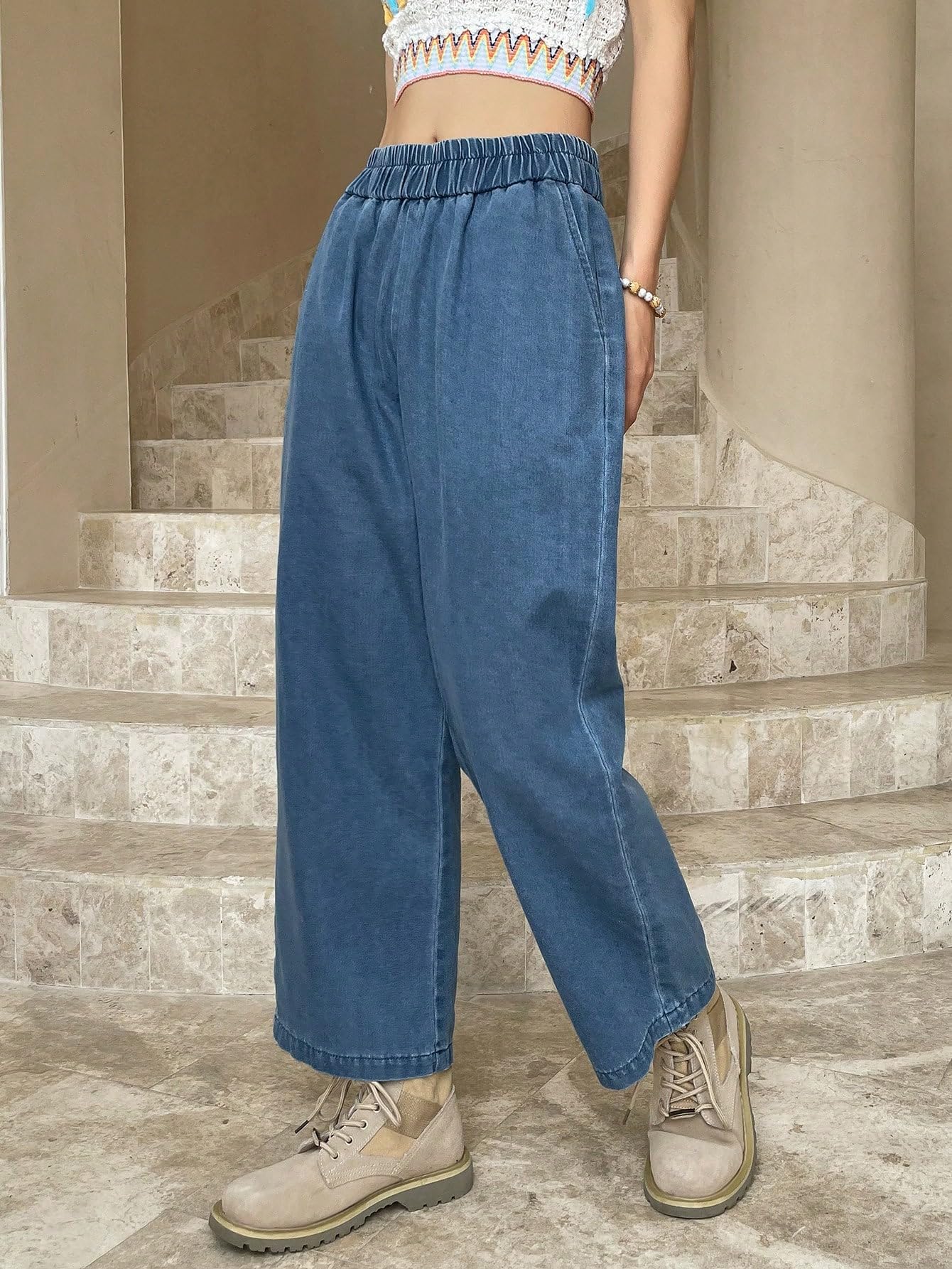 Shasmi Jeans in cotone per ragazze donne elastico in vita ritagliato dritto alla caviglia gamba larga casual vestibilità ampia jeans da donna (jeans 239)