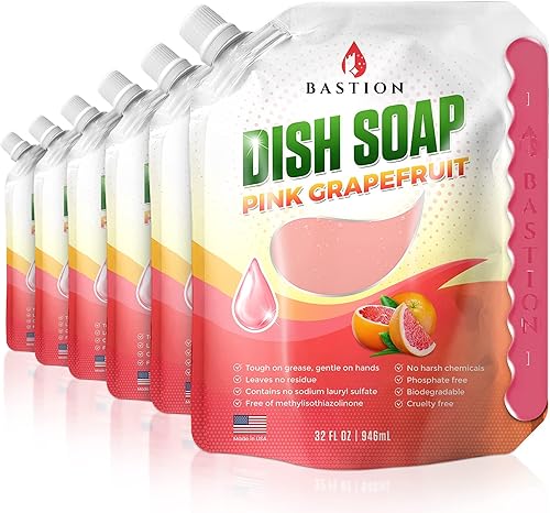Bastion Jabón para platos Desengrasante líquido para lavavajillas y detergente Fragancia de verbena de limón 6 bolsas de repuesto a granel de 32