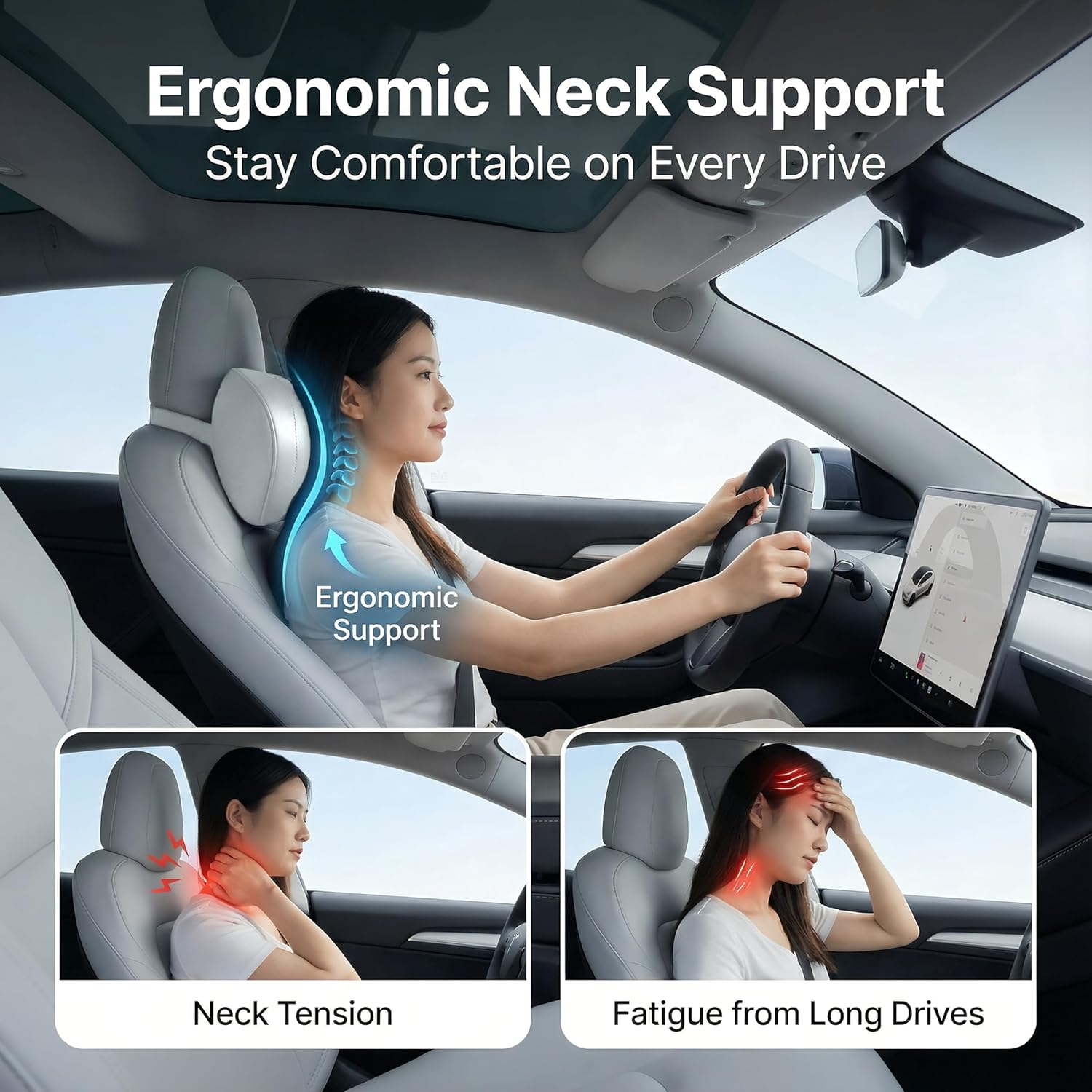 Car Neck Pillow 2-Pack - Premium Memory Foam Headrest with Soft Nappa Leather Feel, Ergonomic Support for Long Drives, Fits Most Vehicles (2, Grey)
