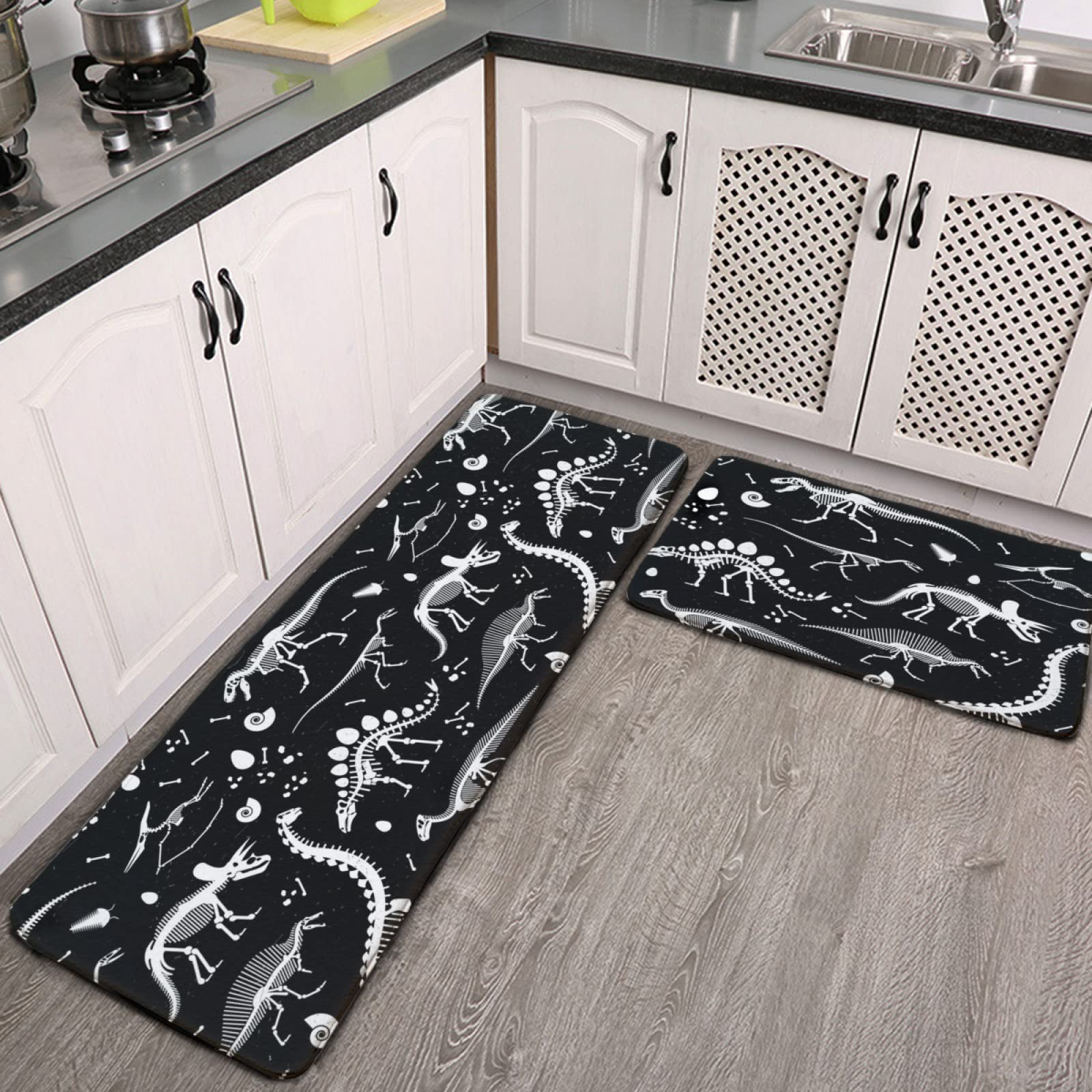 YouTary Black and White Dinosaur Skeleton Pattern Kitchen Rug Set 2 PCS Floor Mats Washable Non-Slip Soft Flannel Runner Rug Doormat Carpet for Floor Home Bathroom, 17