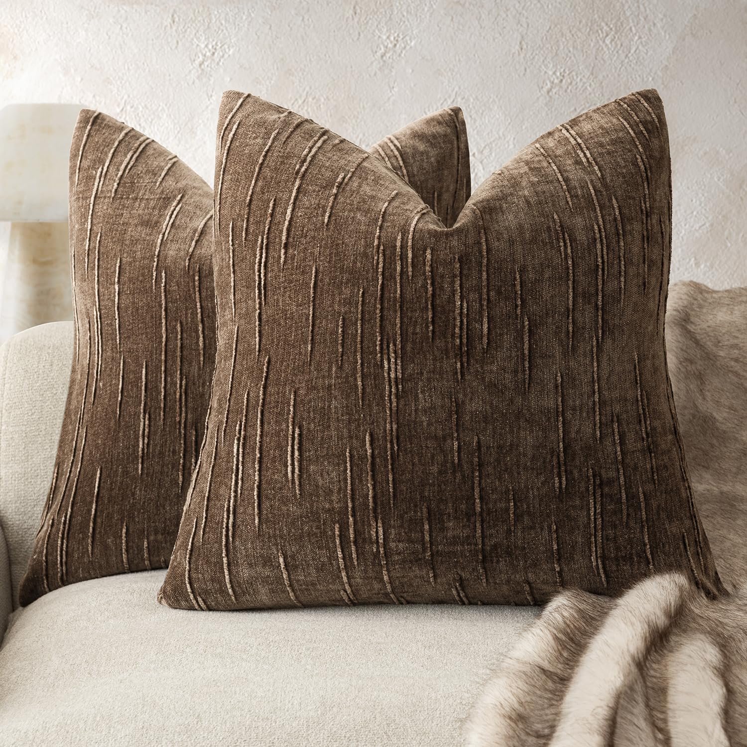 Foindtower Slubby Textured Chenille Throw Pillow Covers 18x18 Dark Brown