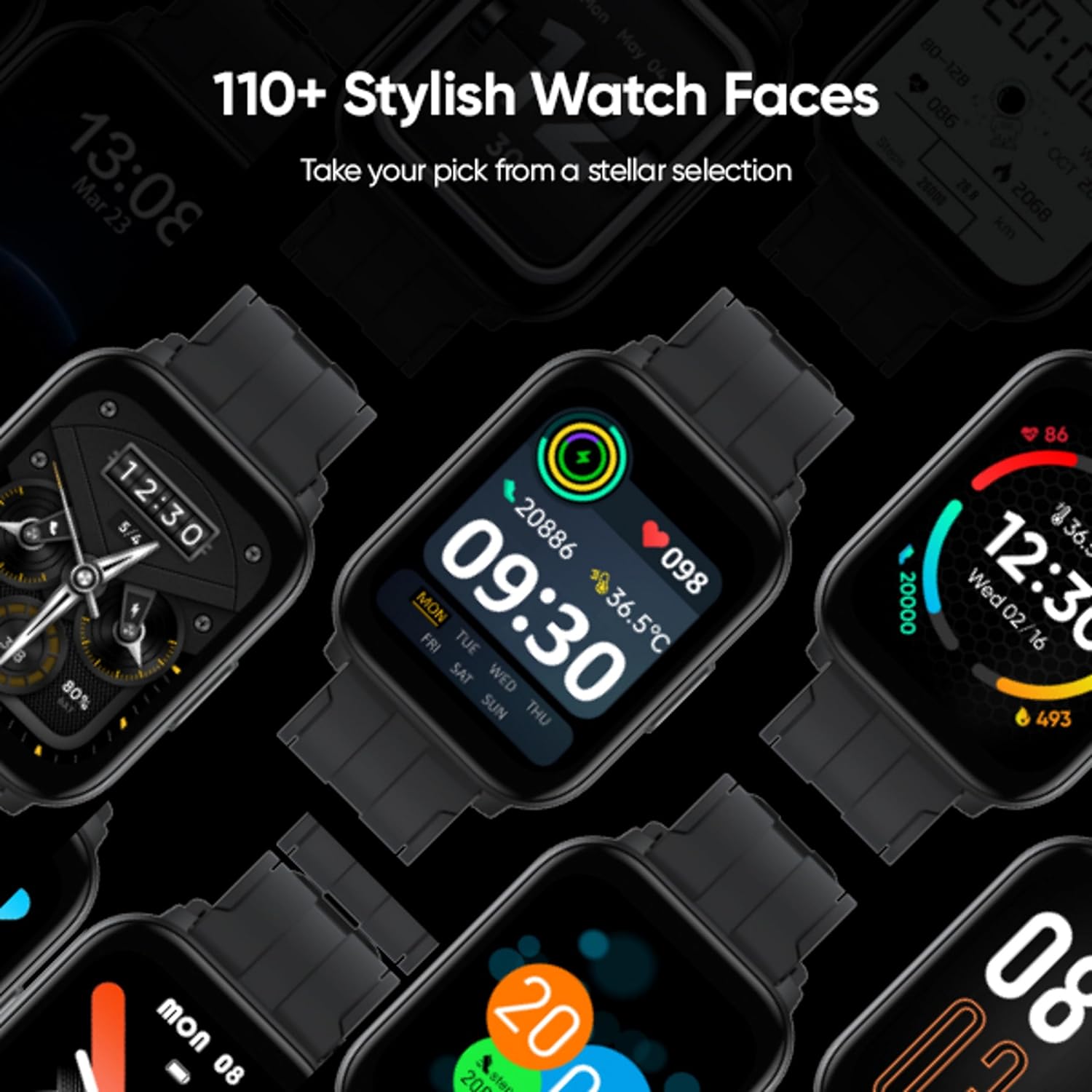 Collage of various watch faces available for the realme TechLife Watch SZ100