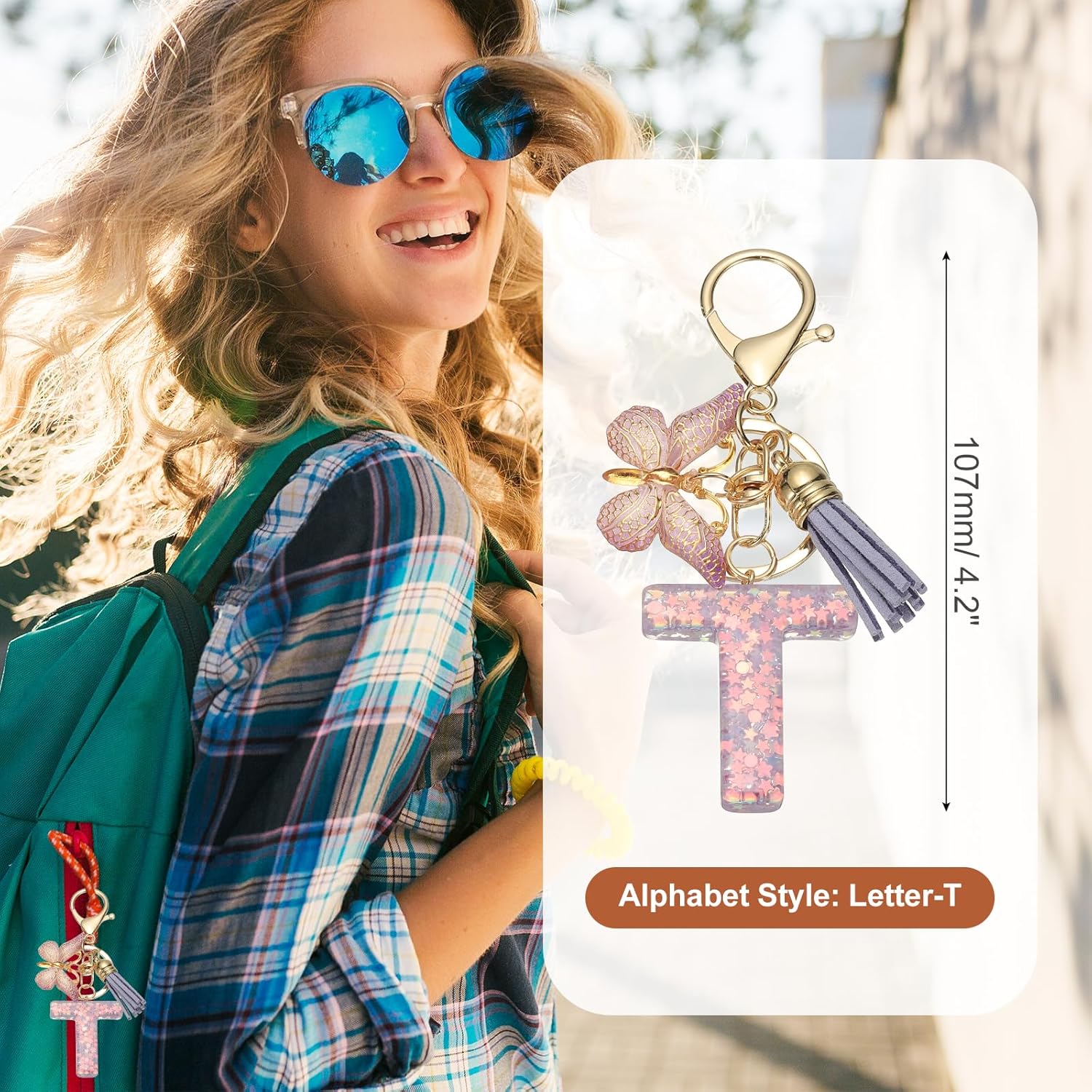 MECCANIXITY Initial Letter Keychain, Cute Tassel Butterfly Keychain Letter Charm for Women Girls Key Purse Handbag