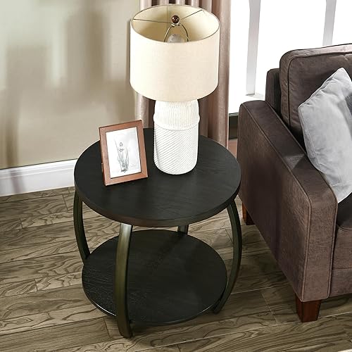 Miniatura 11 de MODERION Mesa auxiliar con estante de almacenamiento, mesa auxiliar de sofá industrial, mesa de teléfono redonda de 2 niveles, 23.6 pulgadas de