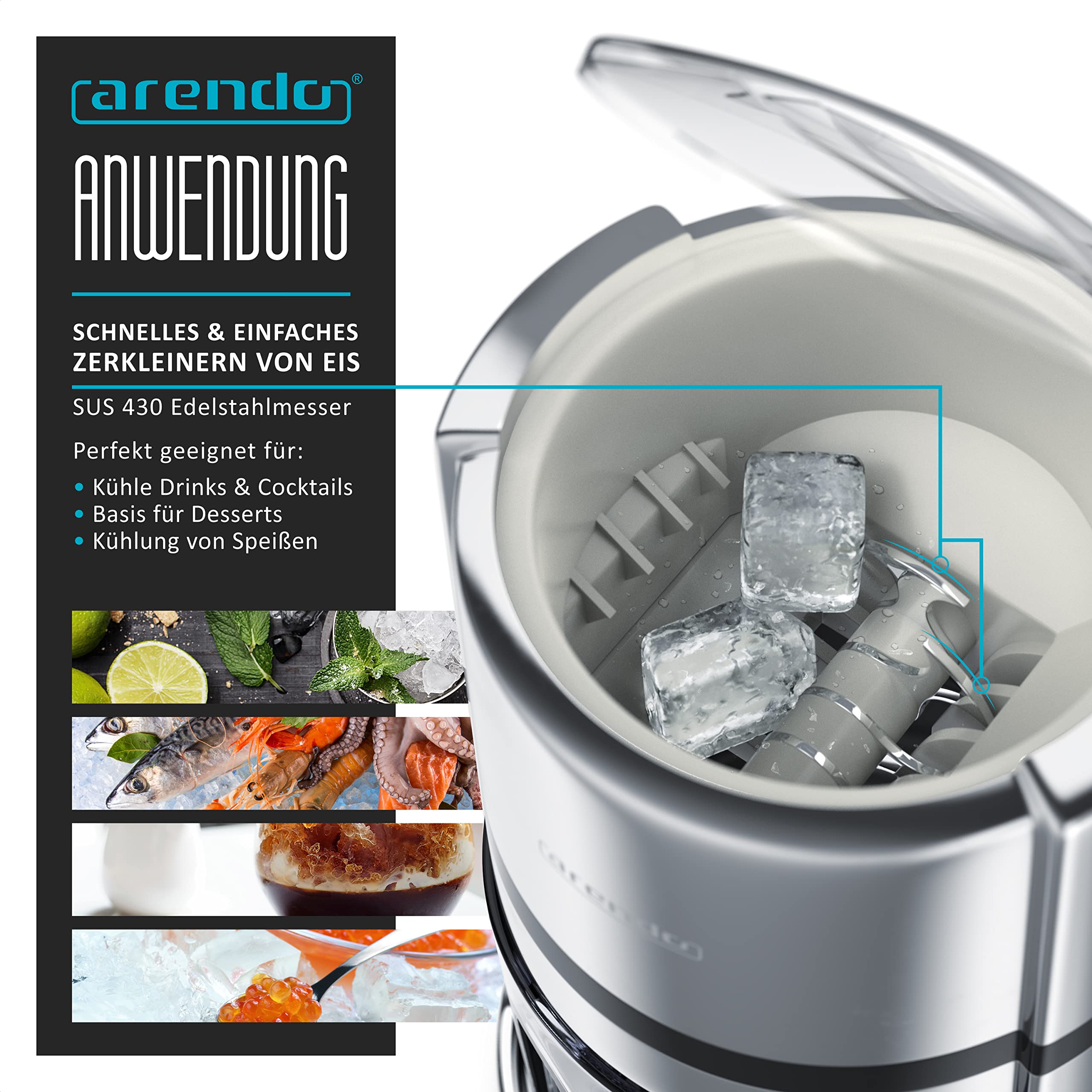 Arendo - Eismaschine Edelstahl - Ice Crusher manuell – Eiszerkleinerer – Eiscrusher zum Kühlen und Frischhalten – Slushy Maker Eis Zerkleinerer – Auffangbehälter entnehmbar – Chrom Optik