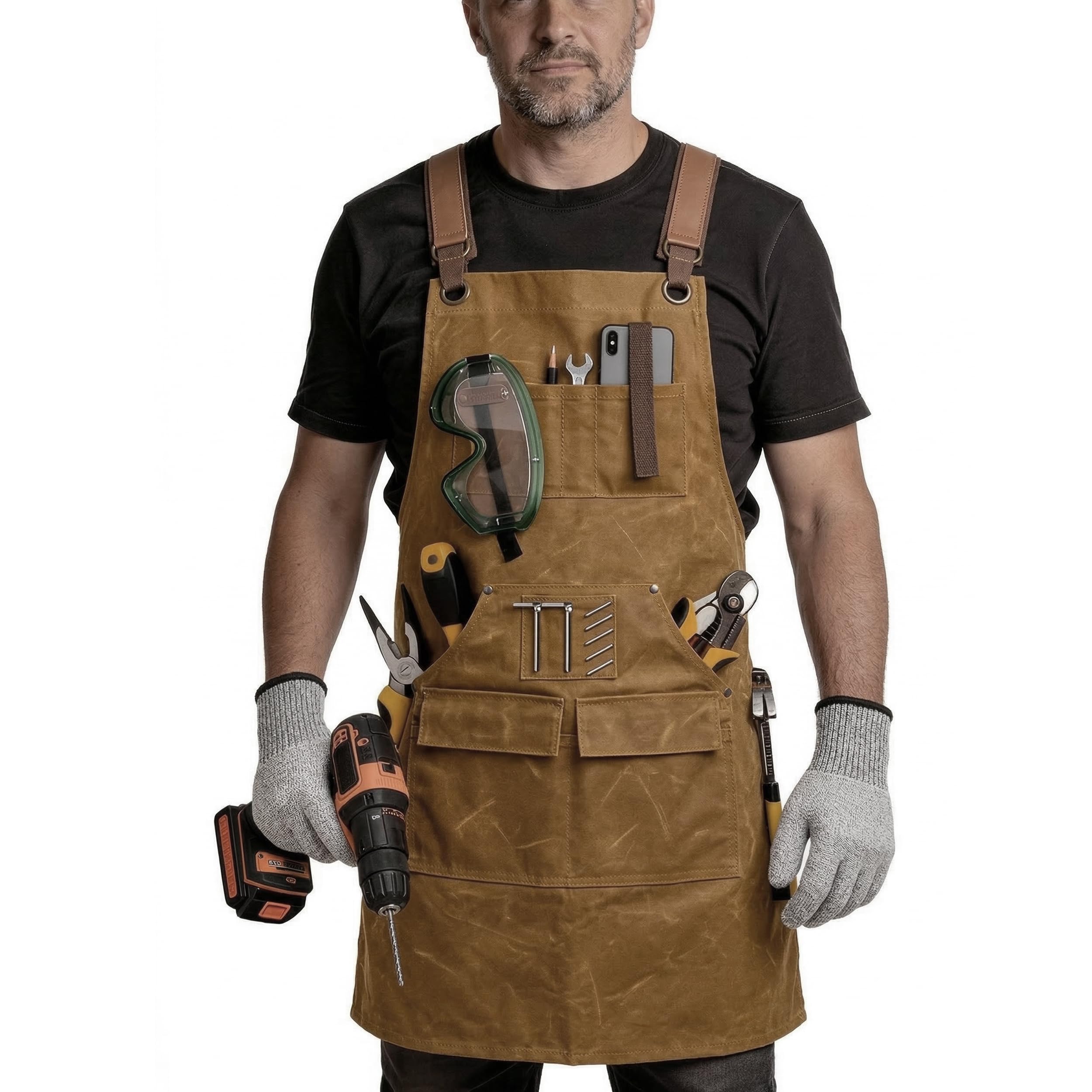 Premium Arbeitsschürze Herren aus 20oz Gewachstem Canvas – Robust & Wasserabweisend – Werkzeugschürze für Holzbearbeitung & Werkstatt mit 9 Taschen, Magnet & Schnittschutzhandschuhe