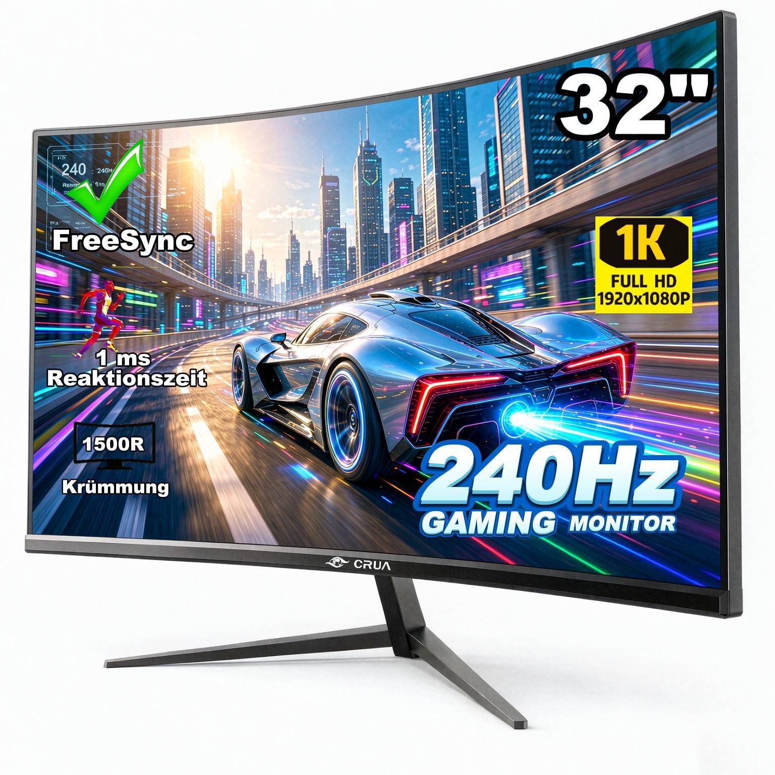 CRUA Gaming Monitor 32 Zoll 240Hz FHD 1080P PC Monitor 1500R Rahmenloses, Curved Monitor Bildschirm Unterstützt100% sRGB-1msGTG with FreeSync, Low Blue Light, VESA DP HDMI