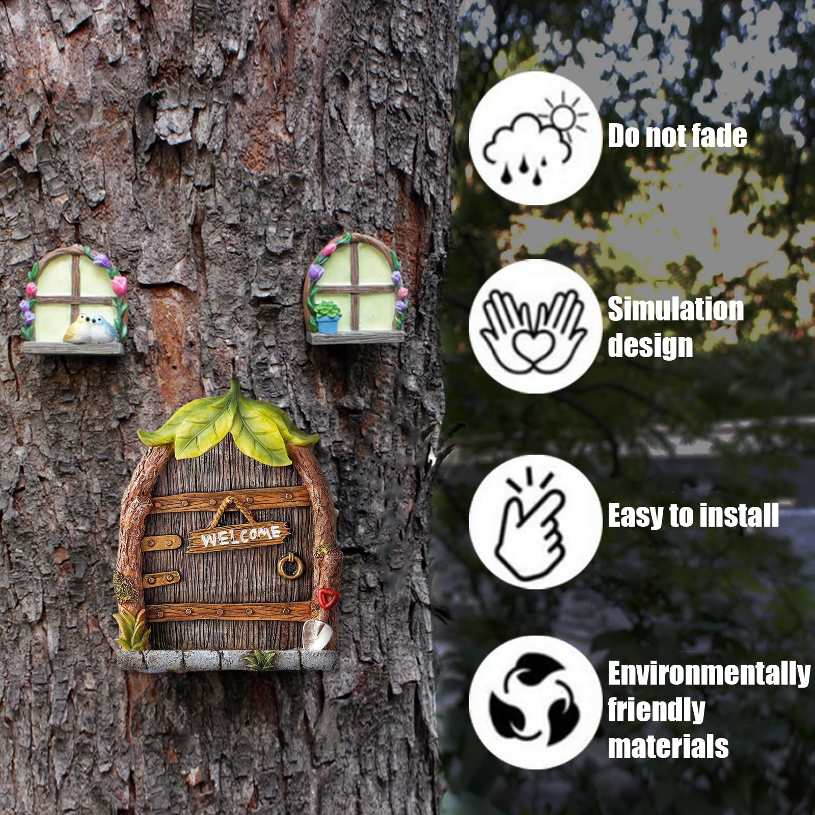 TYXHXTF 4 Pcs Puerta de Hadas, 3D Puerta Miniatura de Árboles de Jardín, Decoración de Árbol y Al Aire Libre, Exterior Jardín en Miniatura Puerta Hada Gnómica