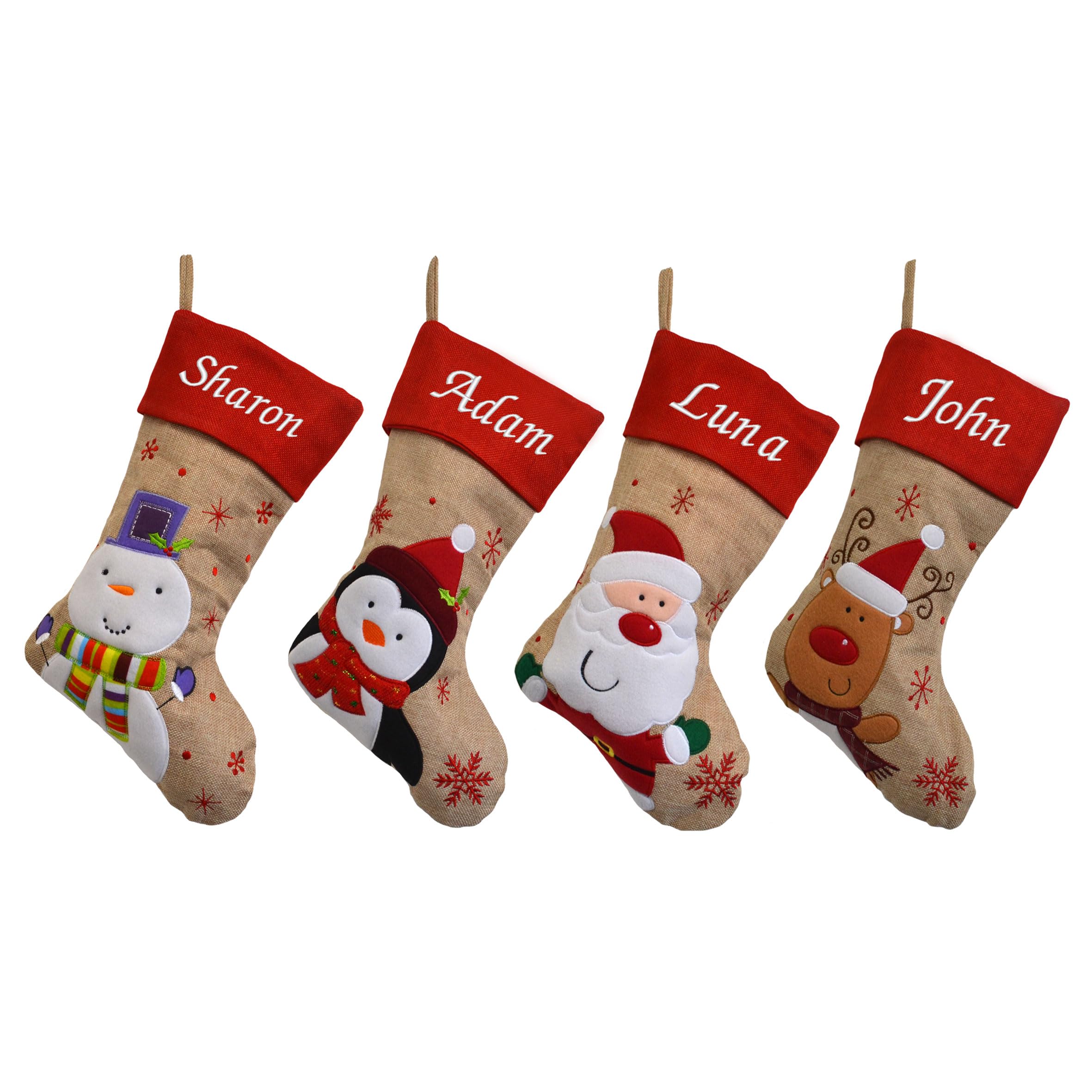 Always Personal Personalised Embroidered Christmas Red Hessian Style Xmas Hanging Stockings - Santa, Snowman, Reindeer or Penguin with Custom Name (Snowman)