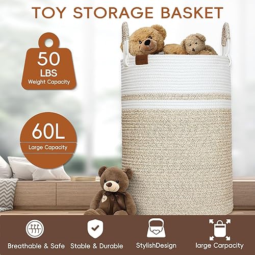 Miniatura 5 de JIGOBING Cesta de lavandería de cuerda tejida de algodón con asas, cesta de almacenamiento plegable para mantas, juguetes, ropa, contenedor grande