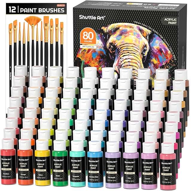 Shuttle Art 80 Colors Acrylic Paint, Acrylic Paint set with 12 Paint Bru...