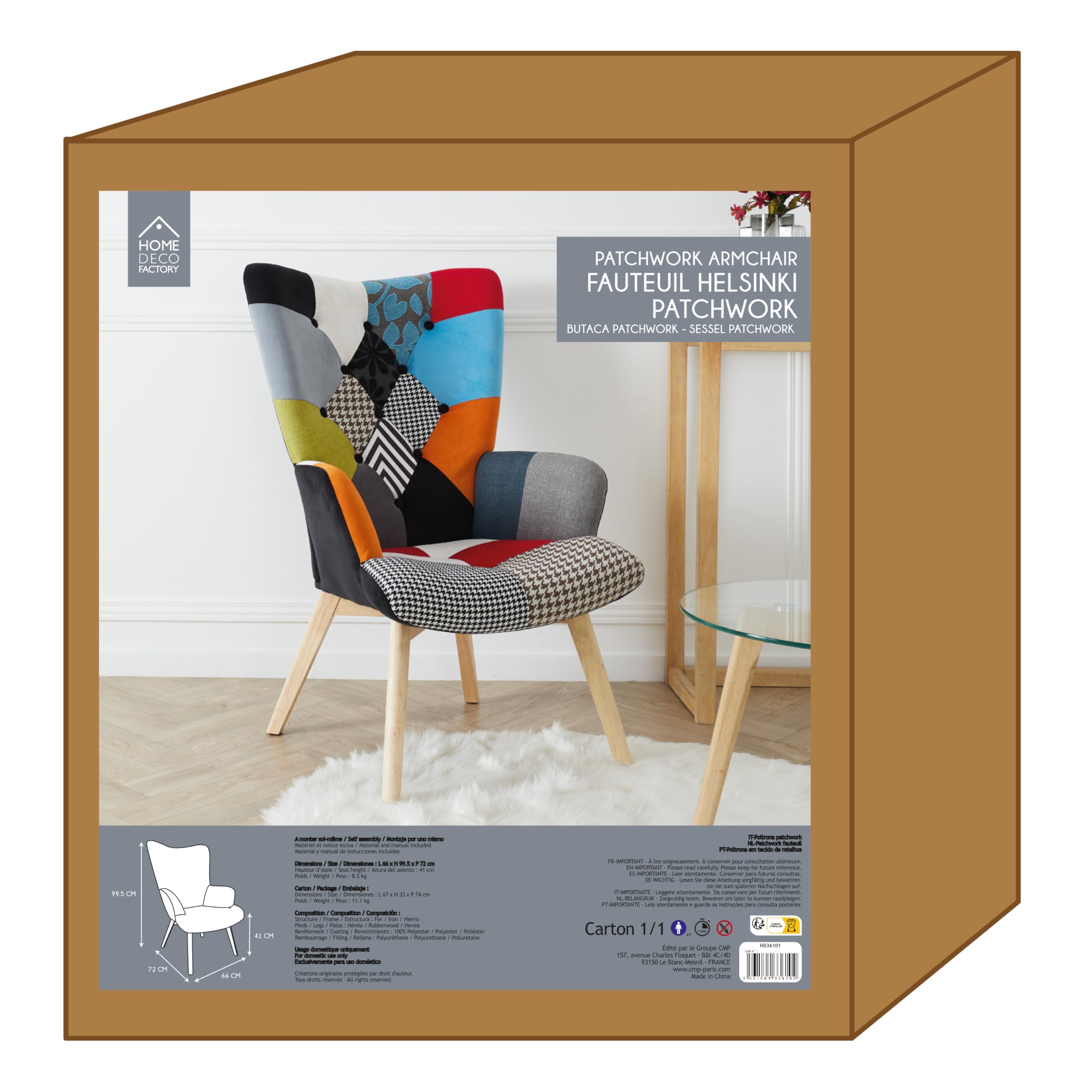 HOME DECO FACTORY Bilderrahmen-Set 10-teilig Verschiedene Größen Schwarz | Sessel aus Holz, Metall und Stoff im Patchwork-Stil, skandinavisches, bequeme Sitzfläche, Wohn-/Esszimmer, 66x99,5x72cm