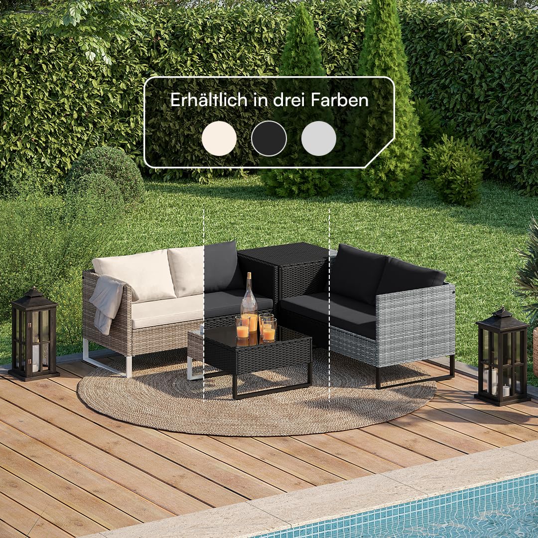 STEELSØN Alniyat Rattan Gartenmöbel Set 4-TLG. – Gartenlounge mit Bänken, Tisch & Auflagenbox – Sitzgruppe Outdoor grau/anthrazit Garten/Balkon/Terasse – Sitzgarnitur Set Metallgestell wetterfest