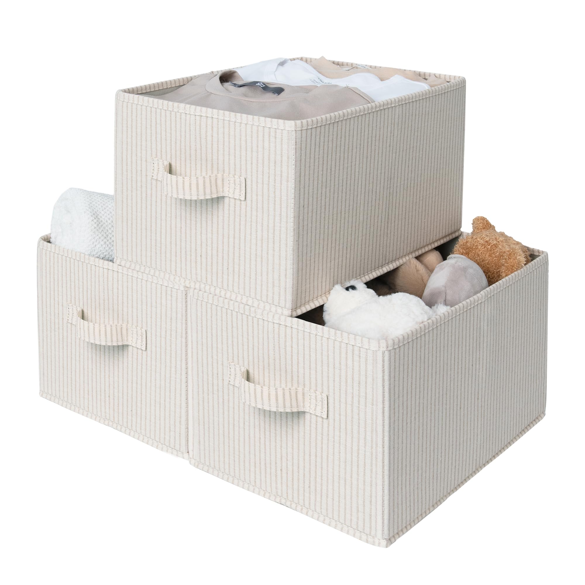 StorageWorks Shelf Storage Boxes, Large Storage Baskets for Shelves, Rectangular Closet Organisers with Handles, Foldable Closet Storage Baskets for Utility Room, Beige Stripes, 3-Pack