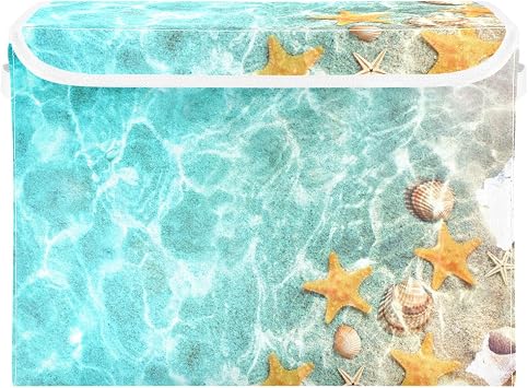 Storage Boxes with Lids, Seashell Starfish Collapsible Fabric Storage Cube with Handles, Storage Baskets for Shelves Clothes Toys Wardrobe 42x32x30 cm