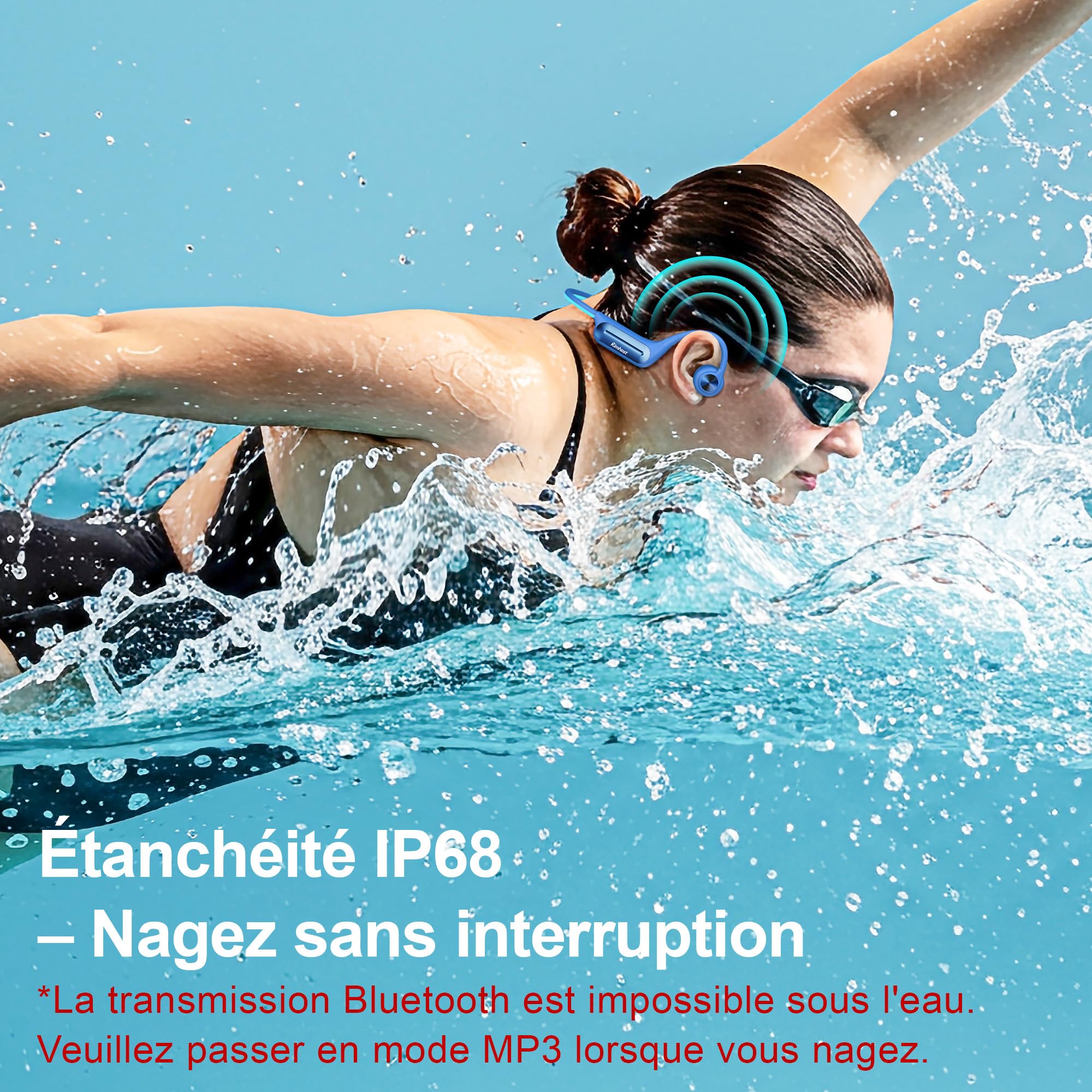 Casque à Conduction Osseuse Bluetooth 5.3, Écouteur de Natation Étanche IP68, Mémoire 32Go Intégrée, Lecteur MP3, 10h Autonomie, Écouteur sans Fil Sport pour Natation, Running, Cyclisme