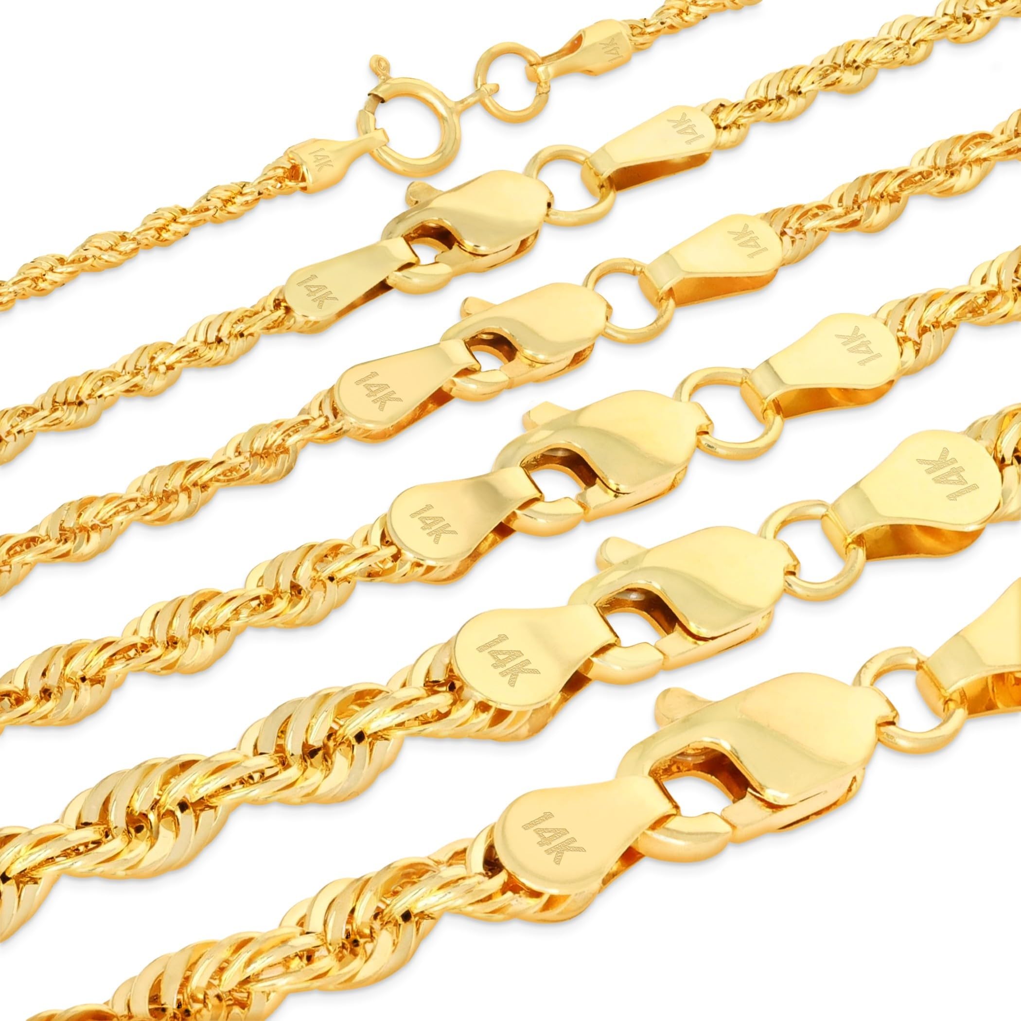 14K Real Yellow Gold Rope Diamond Cut Chain Lightweight Necklace 16"-30" (1.5mm-4mm) Italian Jewelry for Men & Women