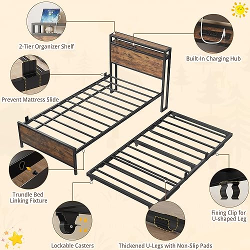 Vista 5 de IRONCK Sofá cama individual con nido, marco de cama de metal resistente con cabecera de almacenamiento y estación de carga, cama nido desplegable