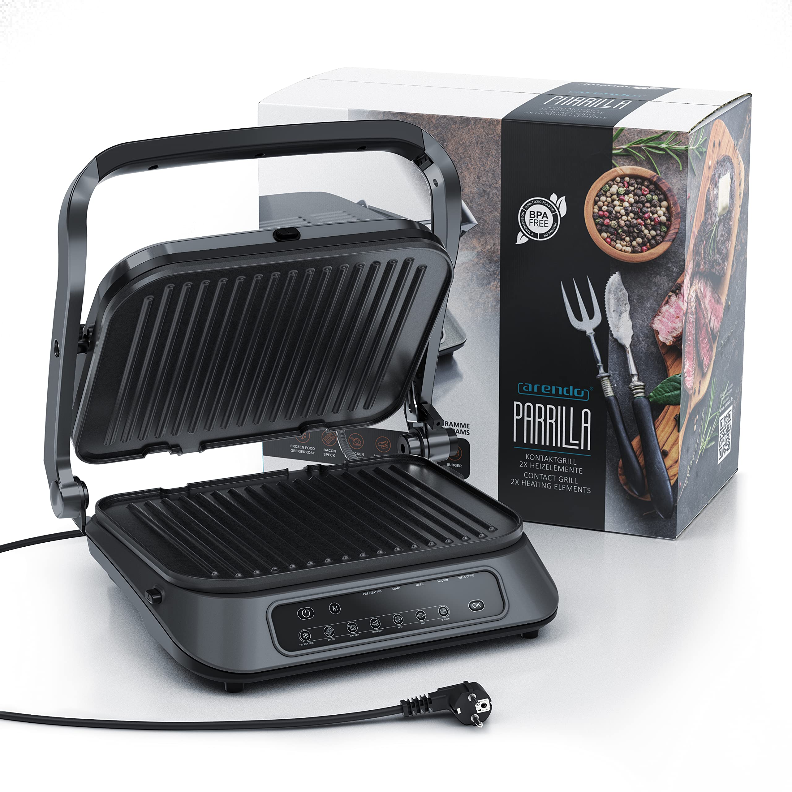 Arendo - Griglia a contatto - Griglia elettrica - Griglia elettrica da tavolo con controllo digitale 1900 W - Sandwich maker - 7 programmi - Acciaio inossidabile antiaderente - Piastre rimovibili