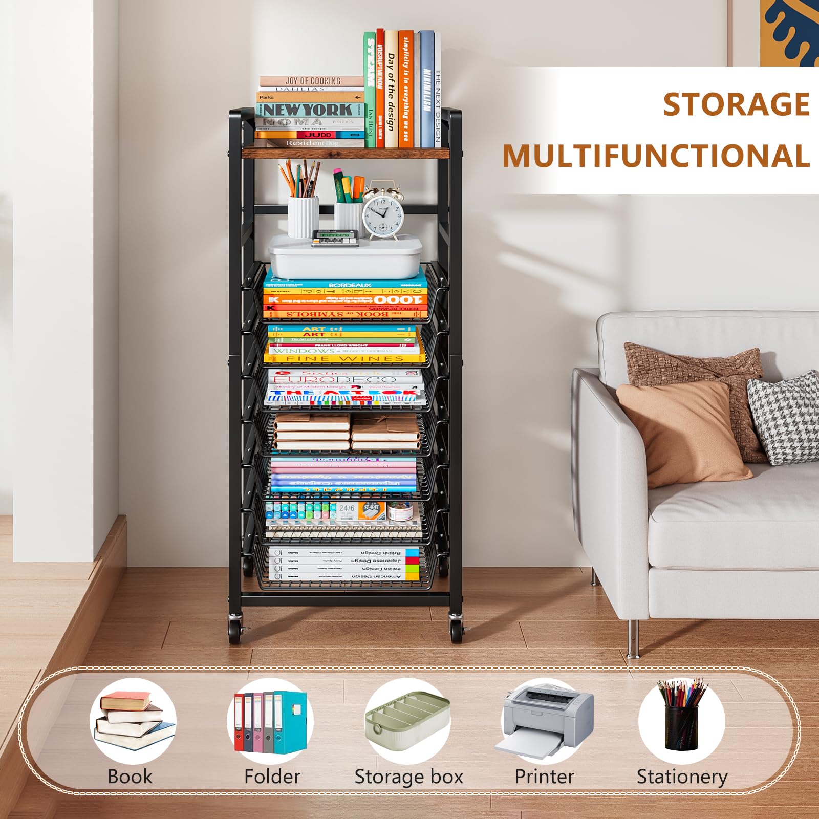 Carrito Organizador Móvil de 8 Niveles con Bandejas Metálicas | Tablero Superior de Madera, Ruedas Giratorias 360°, Negro, 44,5 × 28 × 106,5 cm, para Oficina y Hogar