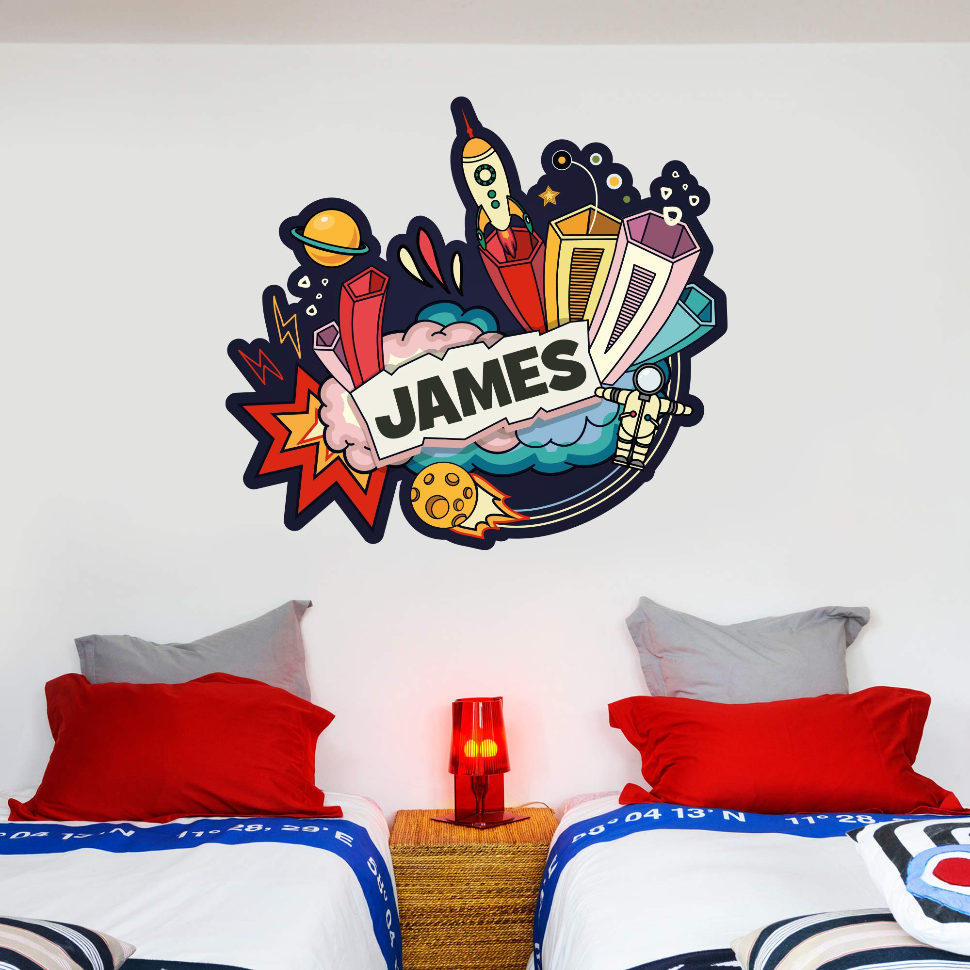 Beautiful Game ['Blue', 'Purple', 'Silver'] Space Cartoon Personalised Name Wall Sticker Sky Decal Art Astronaut Mural Moon Vinyl Rocket Planets (60Cm Width X 55Cm Height)
