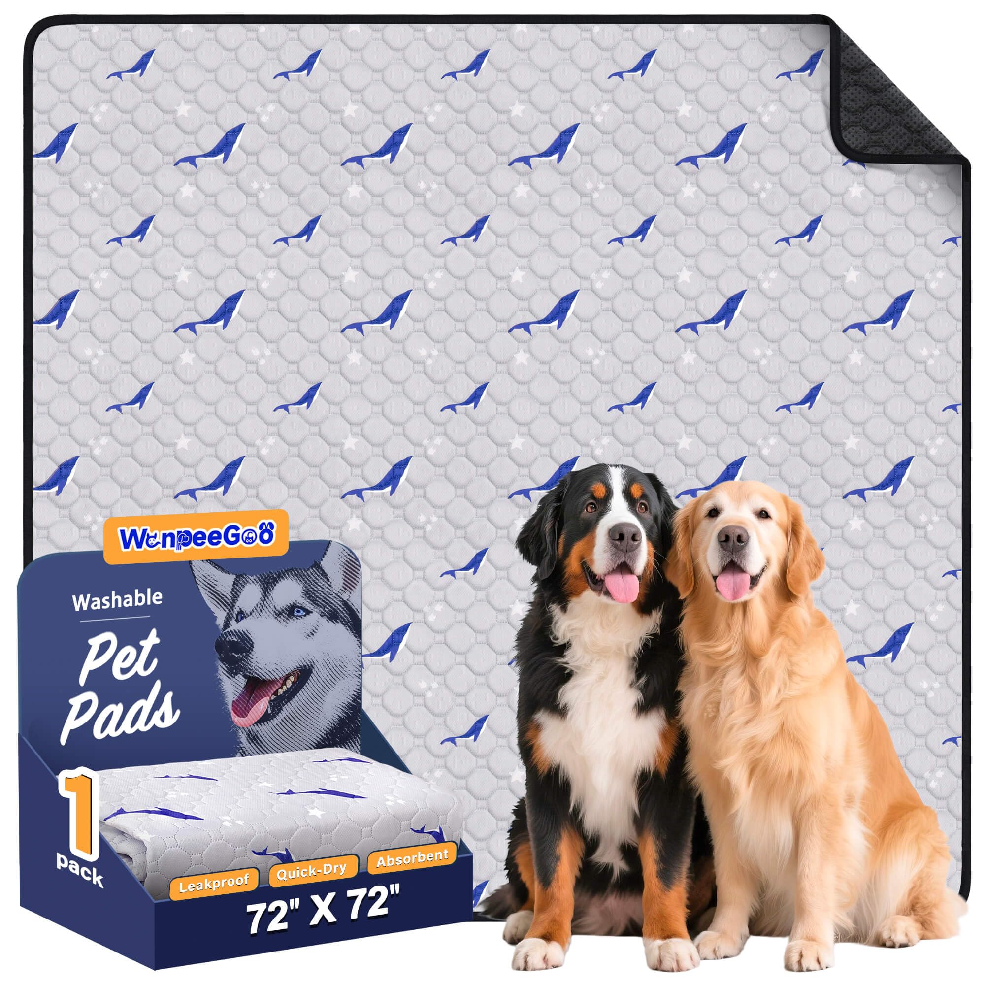 WanpeeGoo Washable Pee Pads for Dogs, 1 Pack Reusable Puppy Pads, Super Absorbent & Leakproof Dog Pads, Anti-Slip Dog Pee Pads for Puppy Training & Incontinence, Dolphin Pattern 183x183cm