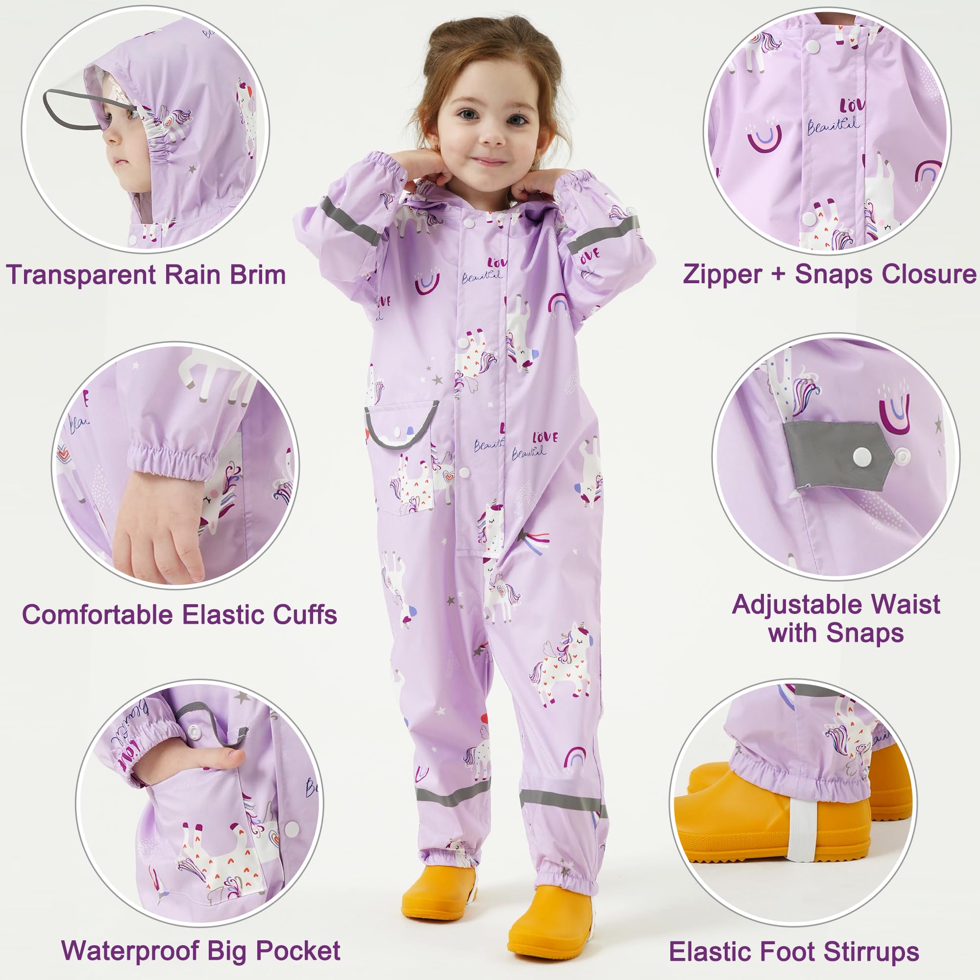 Fewlby Chubasquero Niñas Traje Impermeable, Chaqueta de Lluvia Poncho con Capucha Niños Traje de Lluvia Abrigos Impermeables Reutilizable Mono Impermeable 1-10 Años