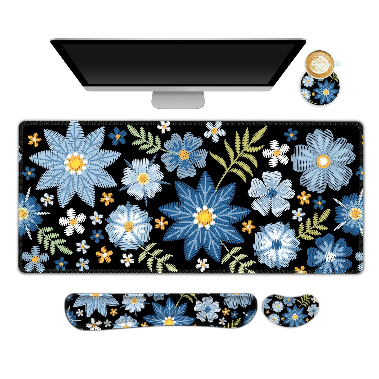 NXZGO Large Gaming Mouse Pad Set, 4 in1 Ergonomics Keyboard Desk Mat with Memory Foam Wrist Rest, Computer PC Extended Game Mousepad, Non-Slip Desk Pad Matt Easy Typing Pain Relief I Forget-me-not
