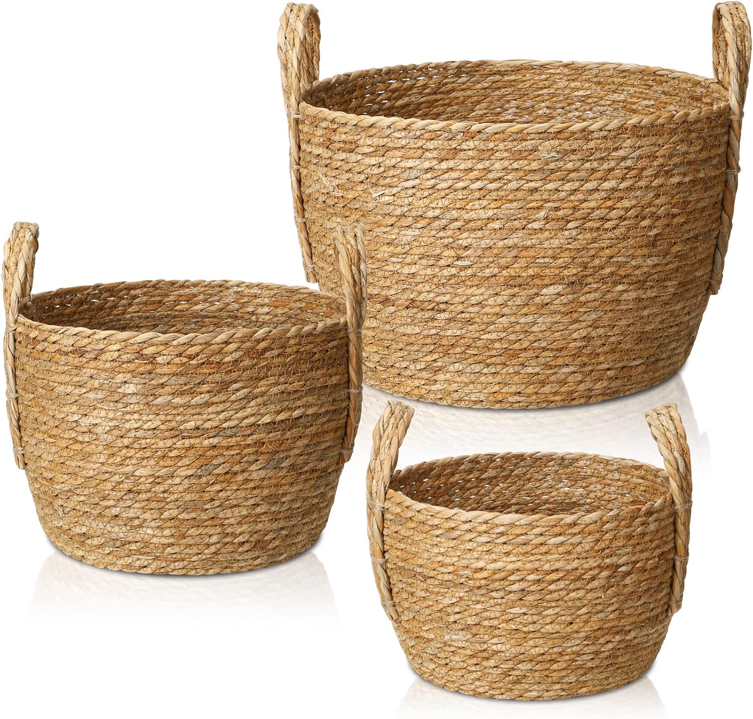 Zhehao 3 Pcs Woven Storage Baskets with Handles Round Baskets Woven Organizer Baskets Decorative Rope Basket Bin for Living Room Bathroom Laundry Toys Storage Nursery, 3 Size (Jute Grass, Rustic) Jute Grass Rustic