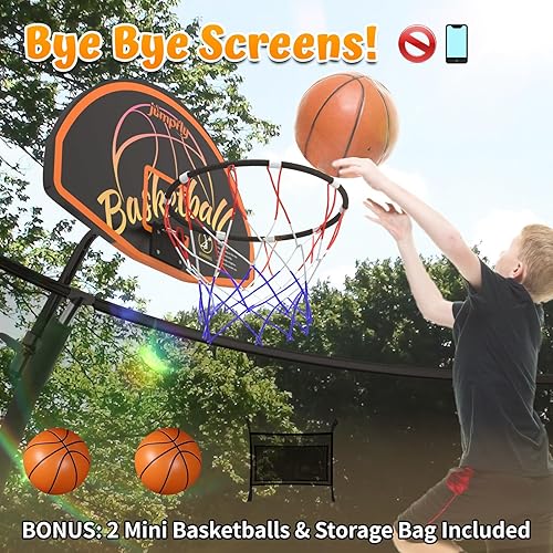 Miniatura 7 de Jumpfly Tranpoline - Tranpoline para exteriores para niños con aro de baloncesto de 14 pies, tranpolina recreativa con red de recinto, almohadilla